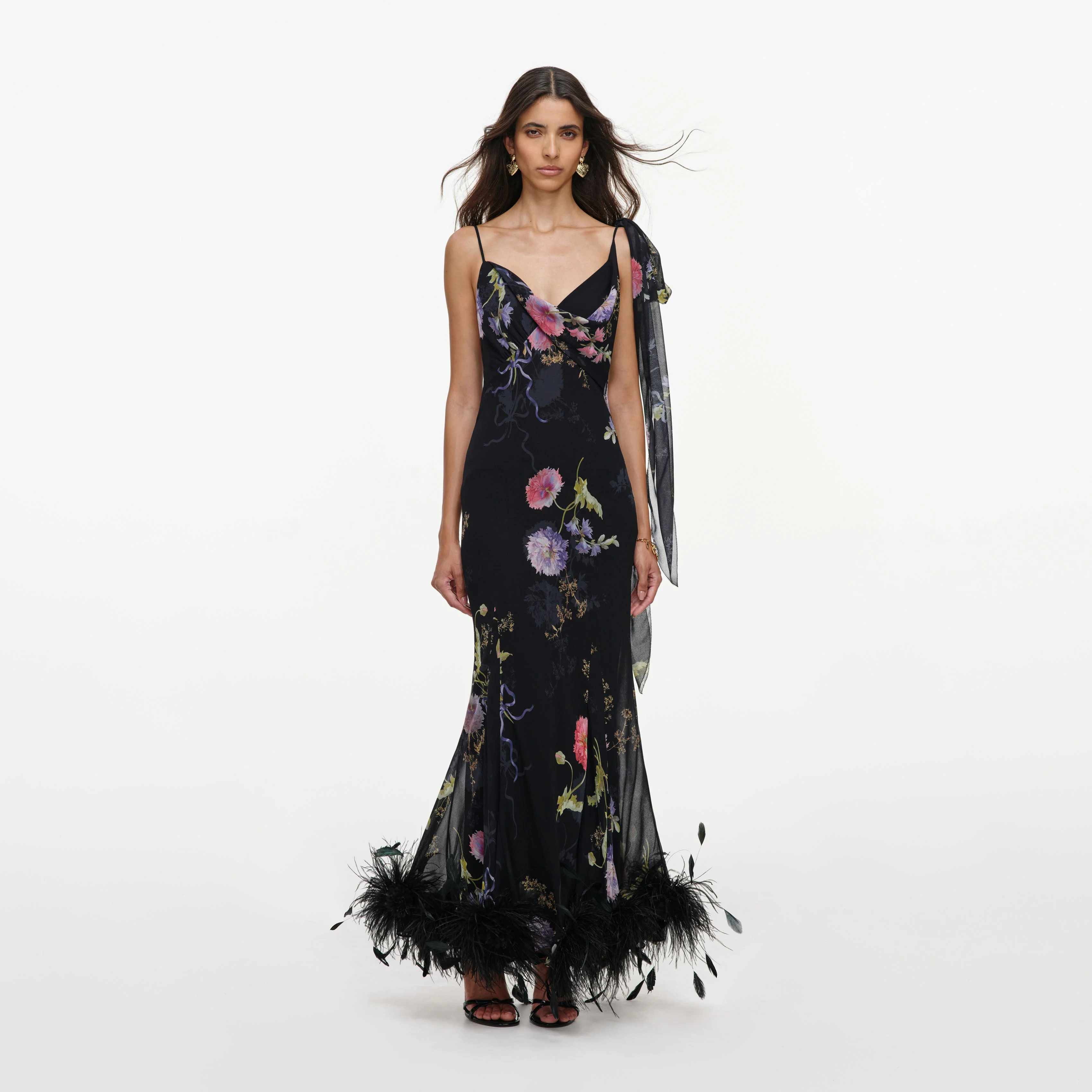 Black Floral Georgette Feather Maxi Dress