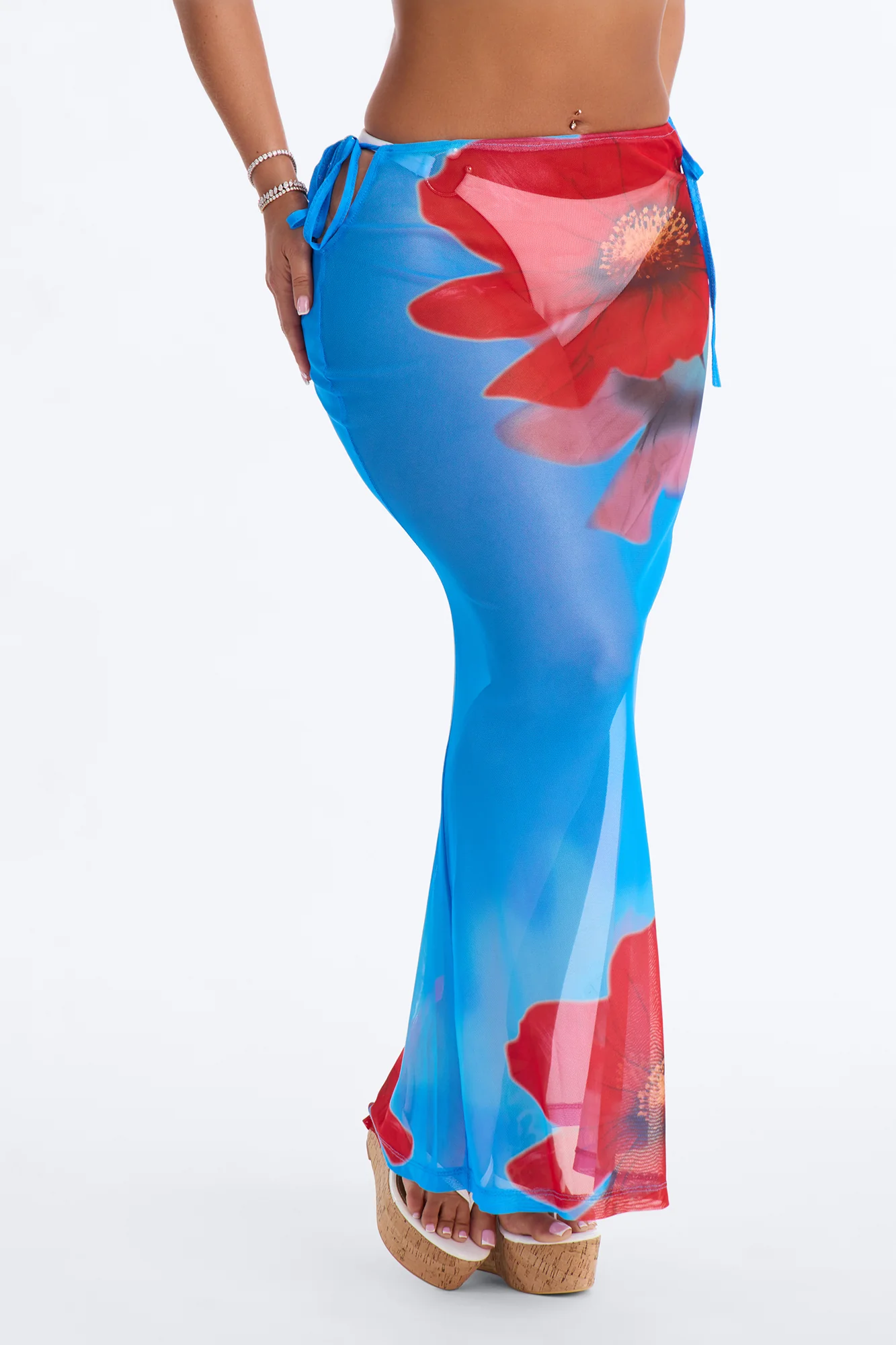 Blue Lagoon Floral Mesh Cover Up Skirt - Blue/combo