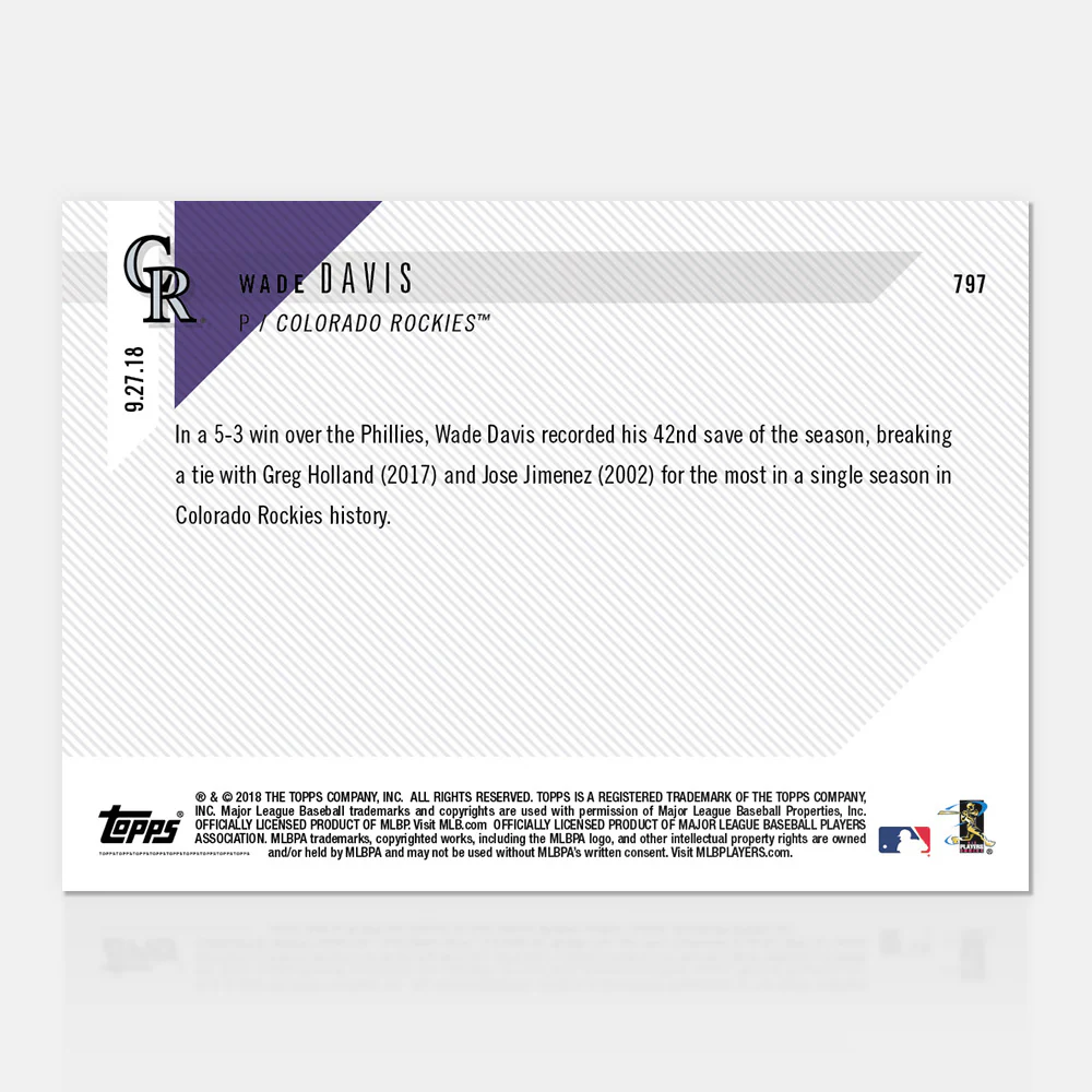 Wade Davis - 09/27/2018 TOPPS NOW® Card 797 - Print Run: 221