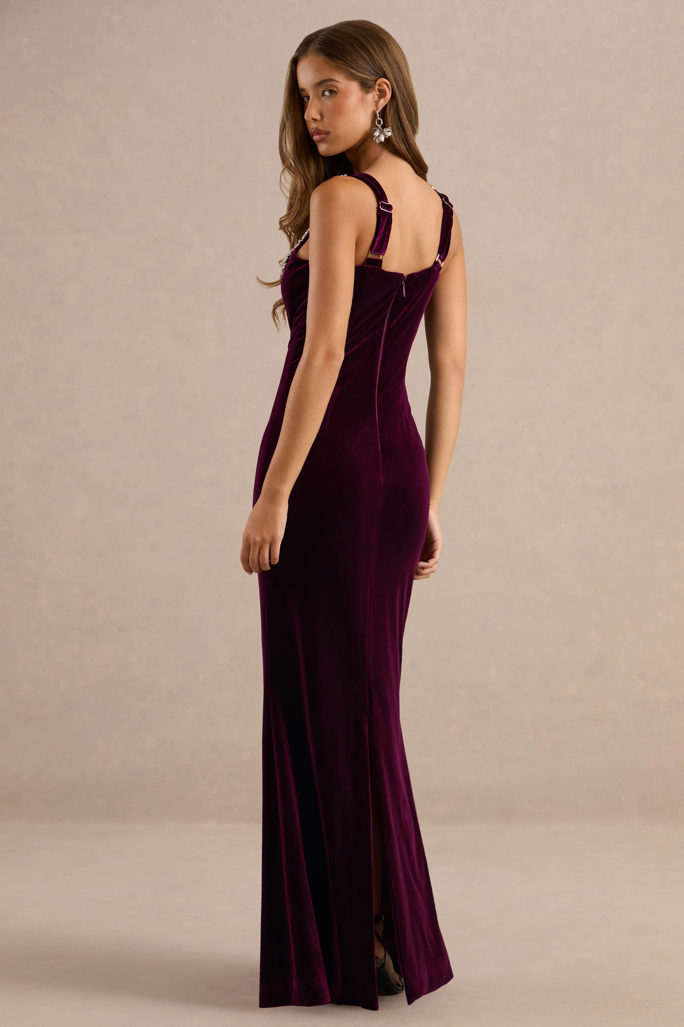 Eilin | Burgundy Velvet Square Neck Maxi Dress With Embellished Detailing And Back Split