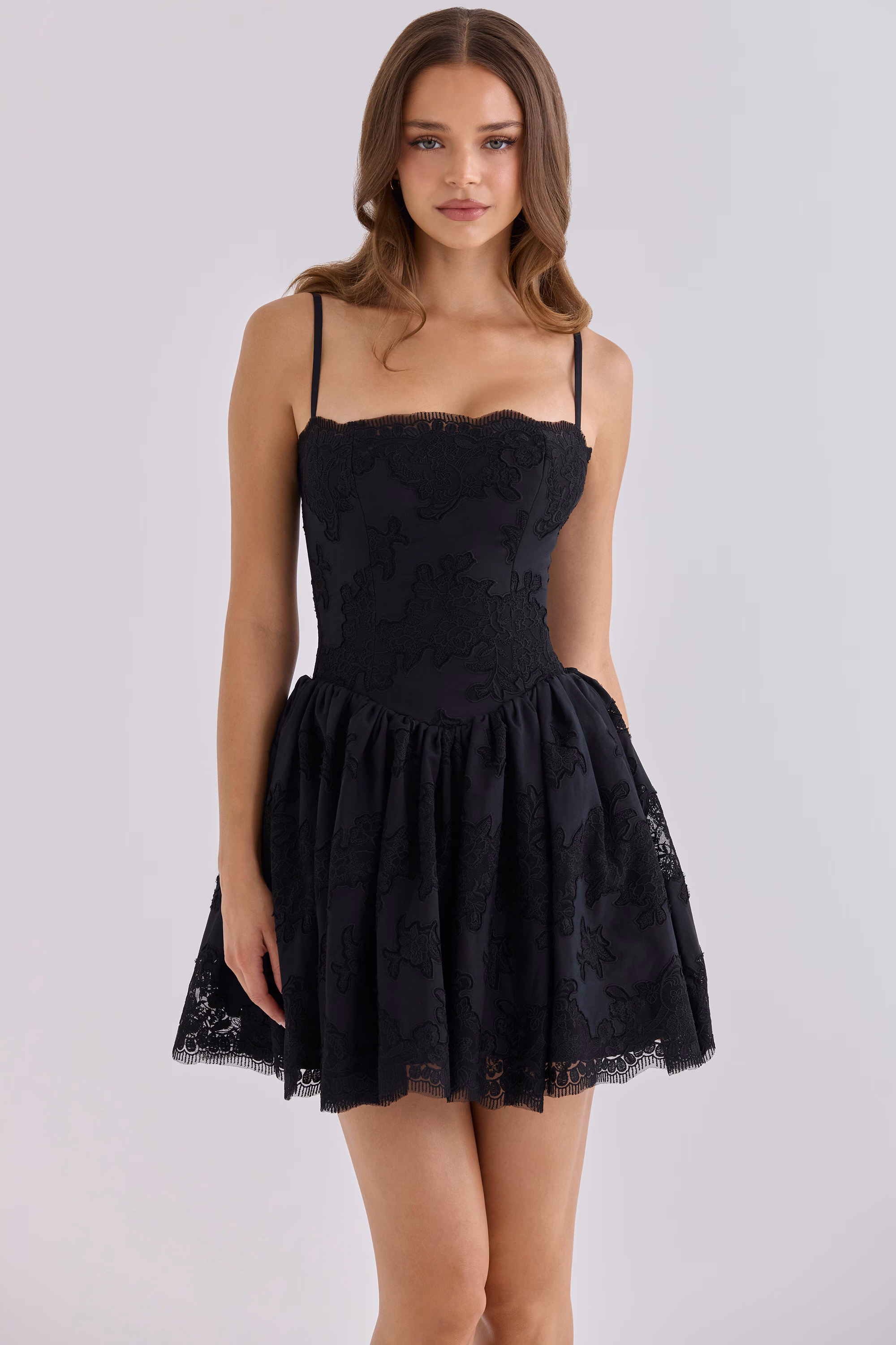 CHLOE Black Custom Lace + Broderie Anglaise Colton Mini Dress