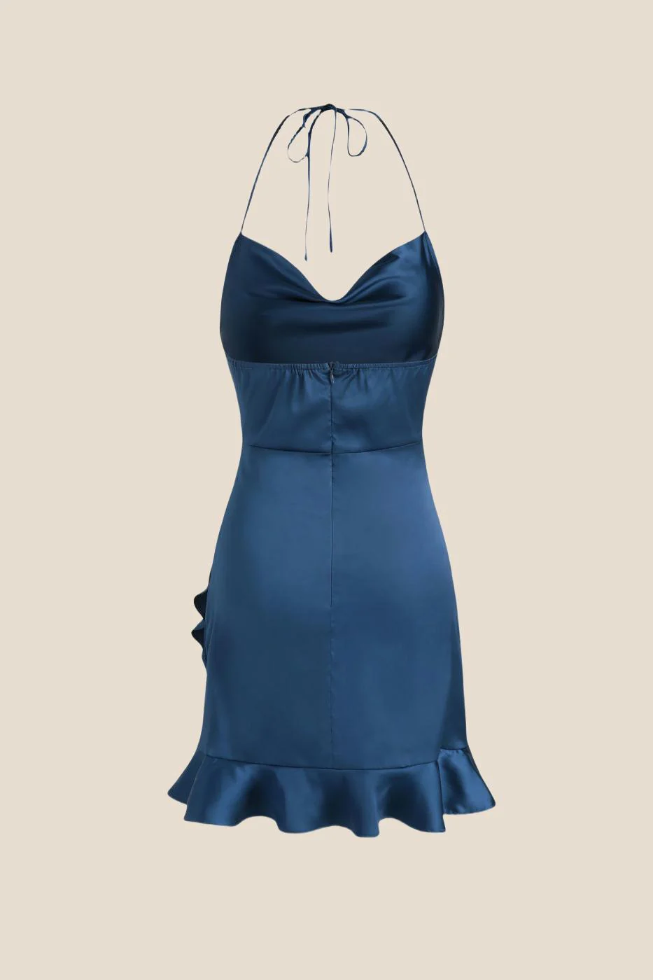 Cowl Neck Navy Blue Ruffle Hem Short Dress