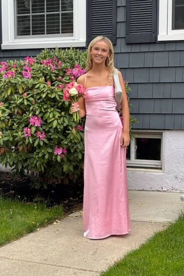 Spaghetti Straps Pink Back Tie Long Dress