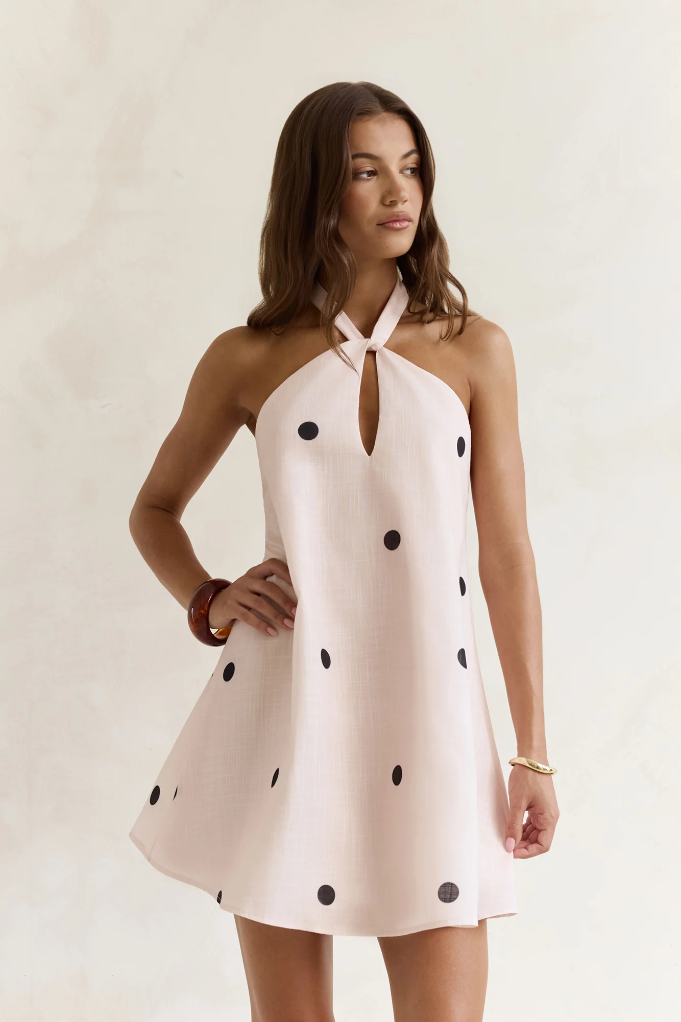 Faith In You Polka Dot Halter Mini Dress Beige