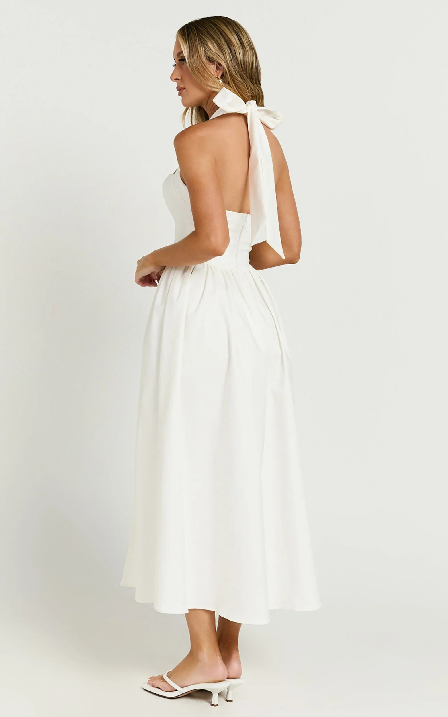 Helda Midi Dress - Halter Tie Neck Corset Panel Dress in Off White