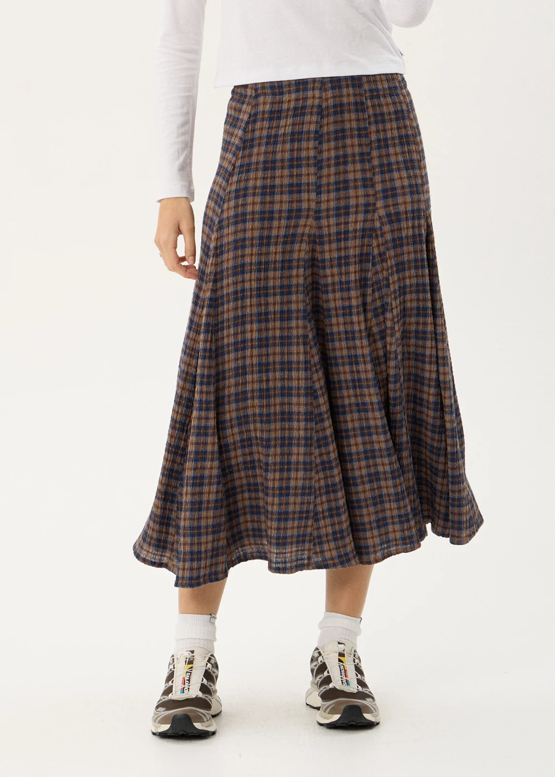 AFENDS Womens Lana - Seersucker Midi Skirt - Shev Indigo Check