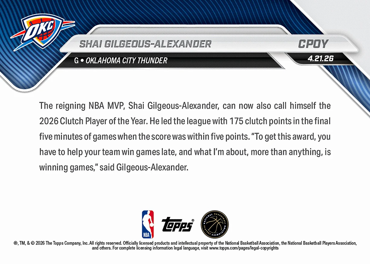 Shai Gilgeous-Alexander - 2025-26 NBA Topps NOW® - Card CPOY - PR: 3962