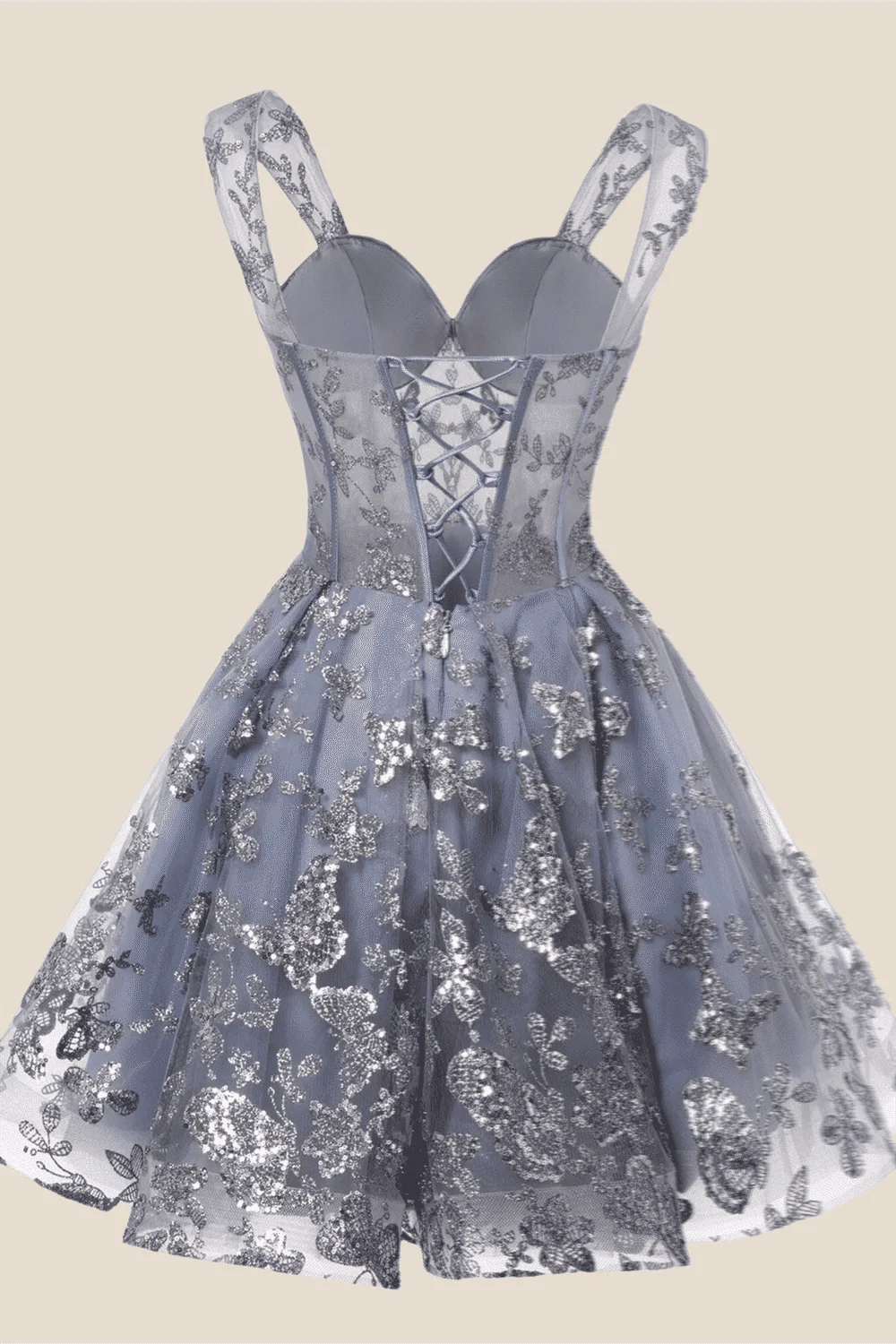 Sweetheart Grey Sparkly 3D Butterfly Short Dress