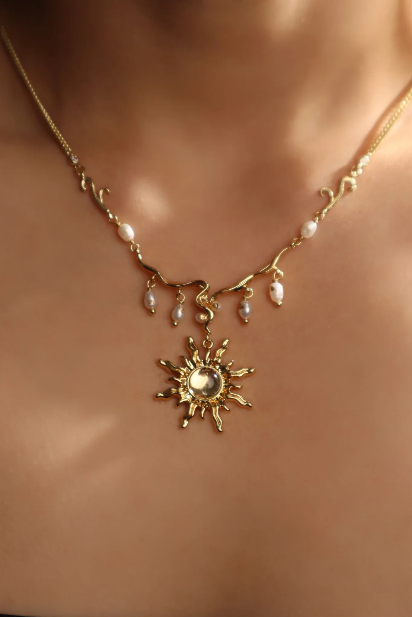 18K Real Gold Plated White Opal Sun Pearls Necklace