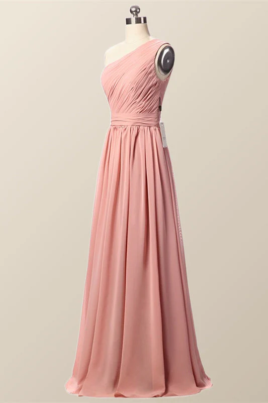 One Shoulder Blush Pink Pleated Long Bridesmaid Dress
