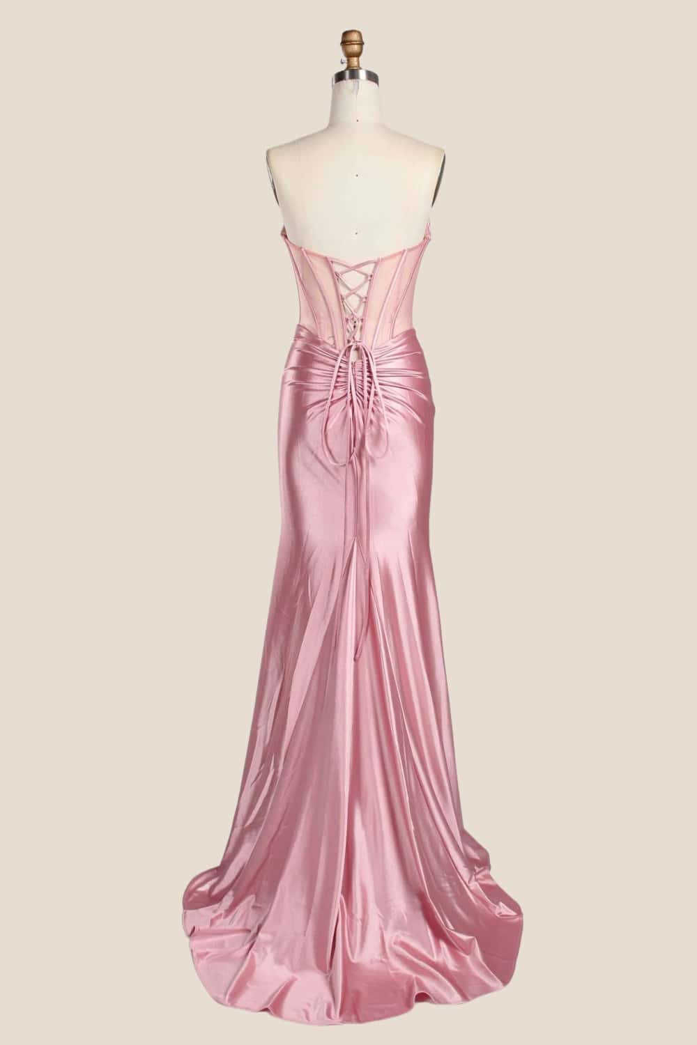 Pink Beaded Ruched Satin Fitted Formal Dress