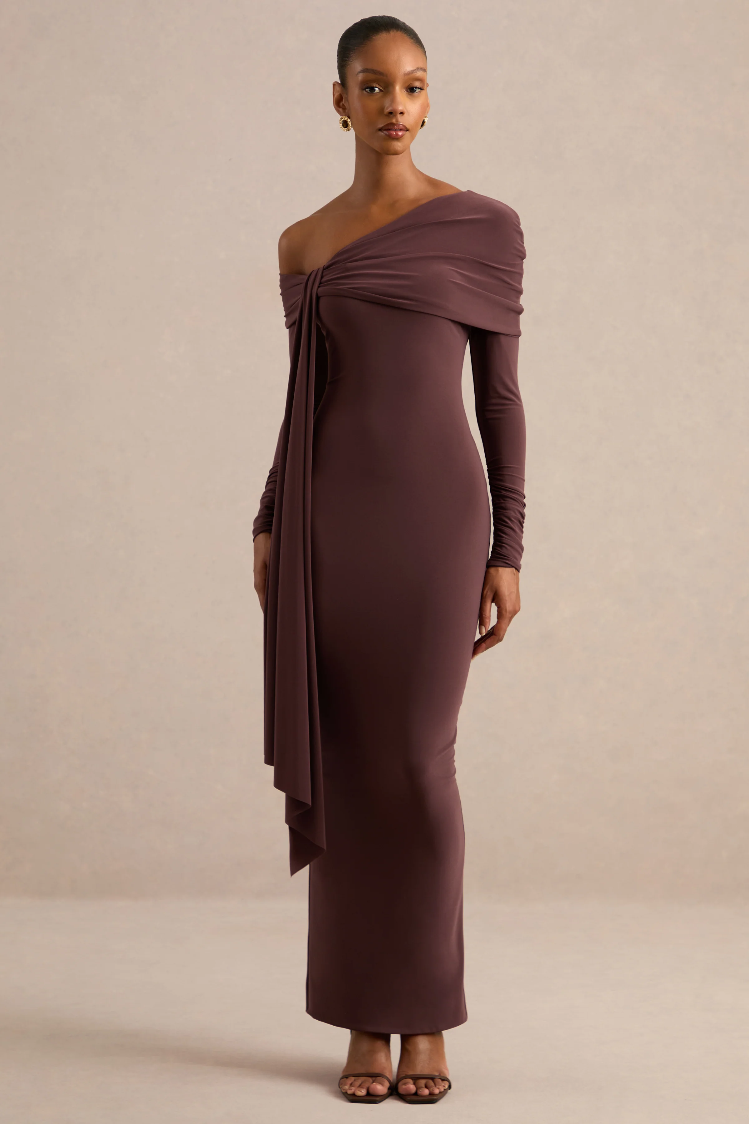Faeryn | Dark Brown Jersey One Shoulder Long Sleeve Maxi Dress With Sash