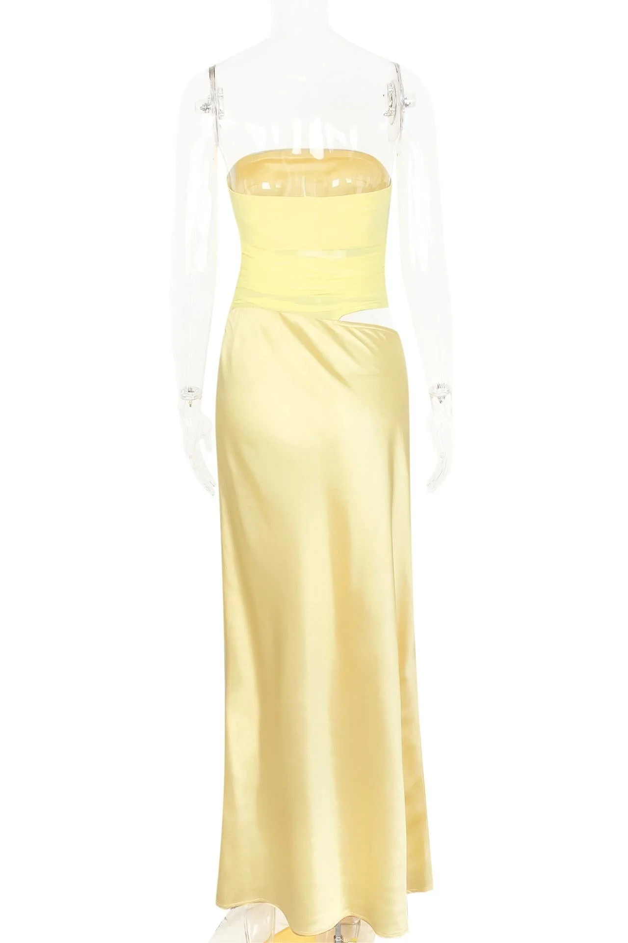 Strapless Yellow Ruched Long Dress with Cut-out