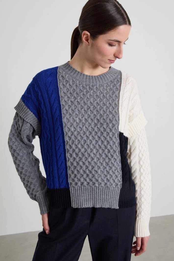 Wool patchwork sweater - GREY BLUE CREAM