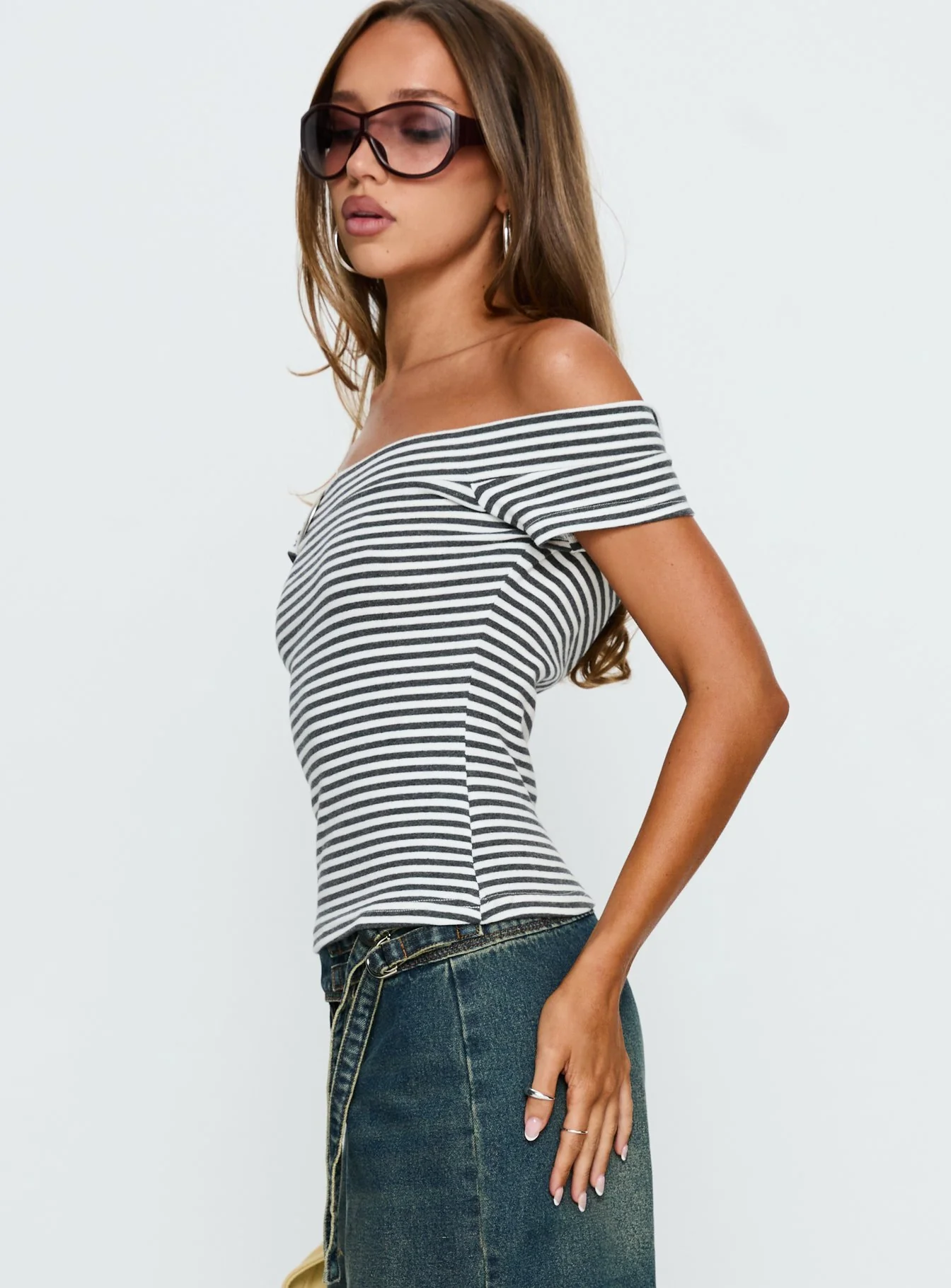 Kiela Off Shoulder Hardware Detail Top Grey / White Stripe