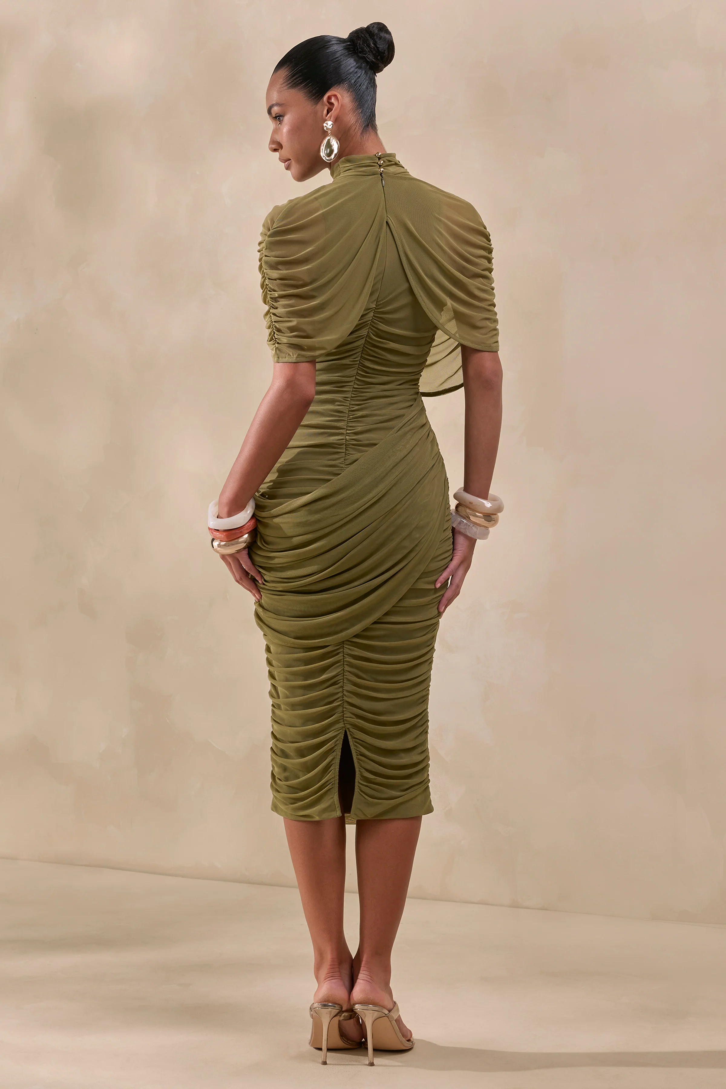 Fleurise | Olive Mesh High-Neck Midi Dress With Short Cape-Sleeves And Gathered-Detailing