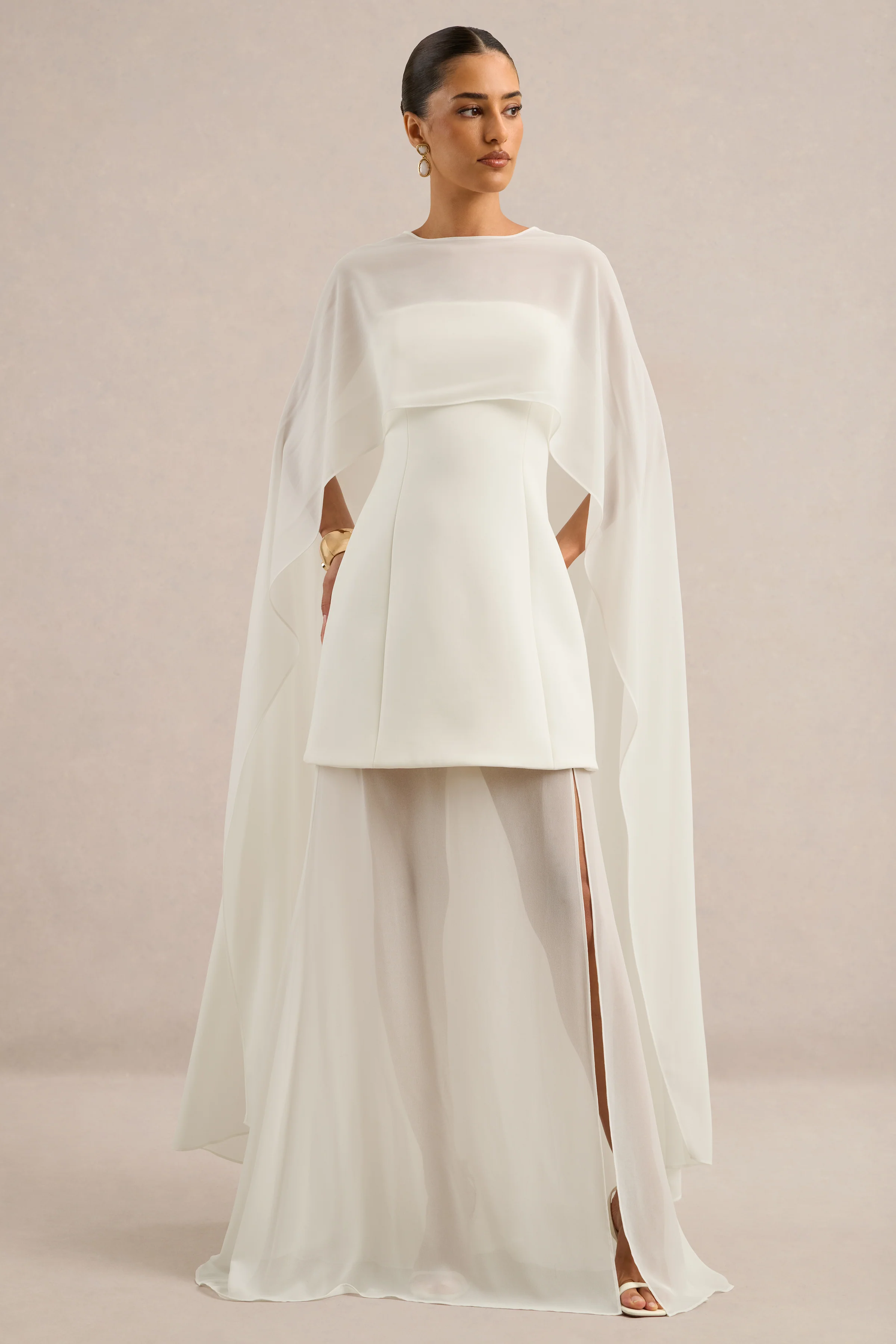 Chessa | White Scuba Boat Neck Short Sleeve Maxi Dress With Sheer Skirt And Corset