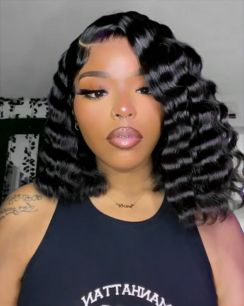 Ophirawig 6x5/13x4 Lace Glueless Loose Deep Wave Bob Wig Pre-cut Lace Natural Black Beginner Friendly