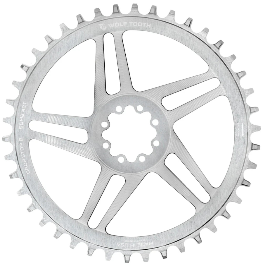 Wolf Tooth Chainring for SRAM 8-Bolt Direct Mount | Drop-Stop B | 6mm Offset | Standard - raw silver
