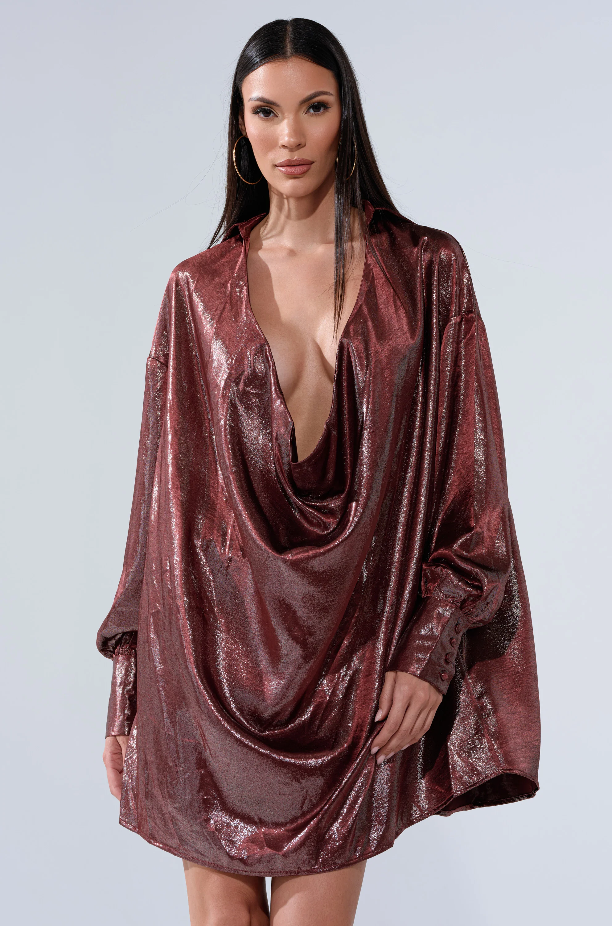 Lennon Plunging Satin Shirt Dress