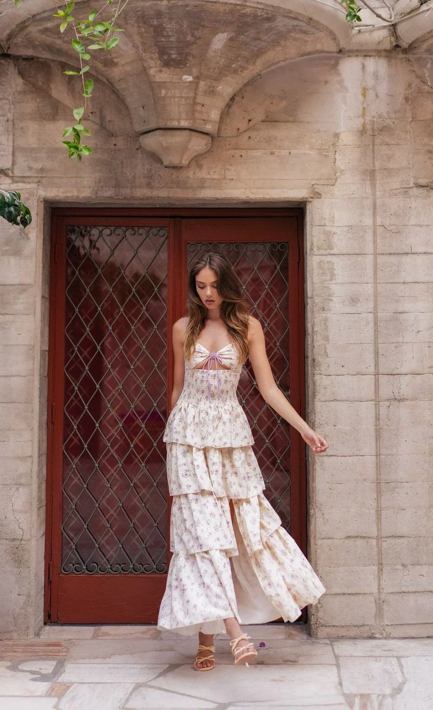 Floral Cutout Ruffle Maxi Dress in Cream