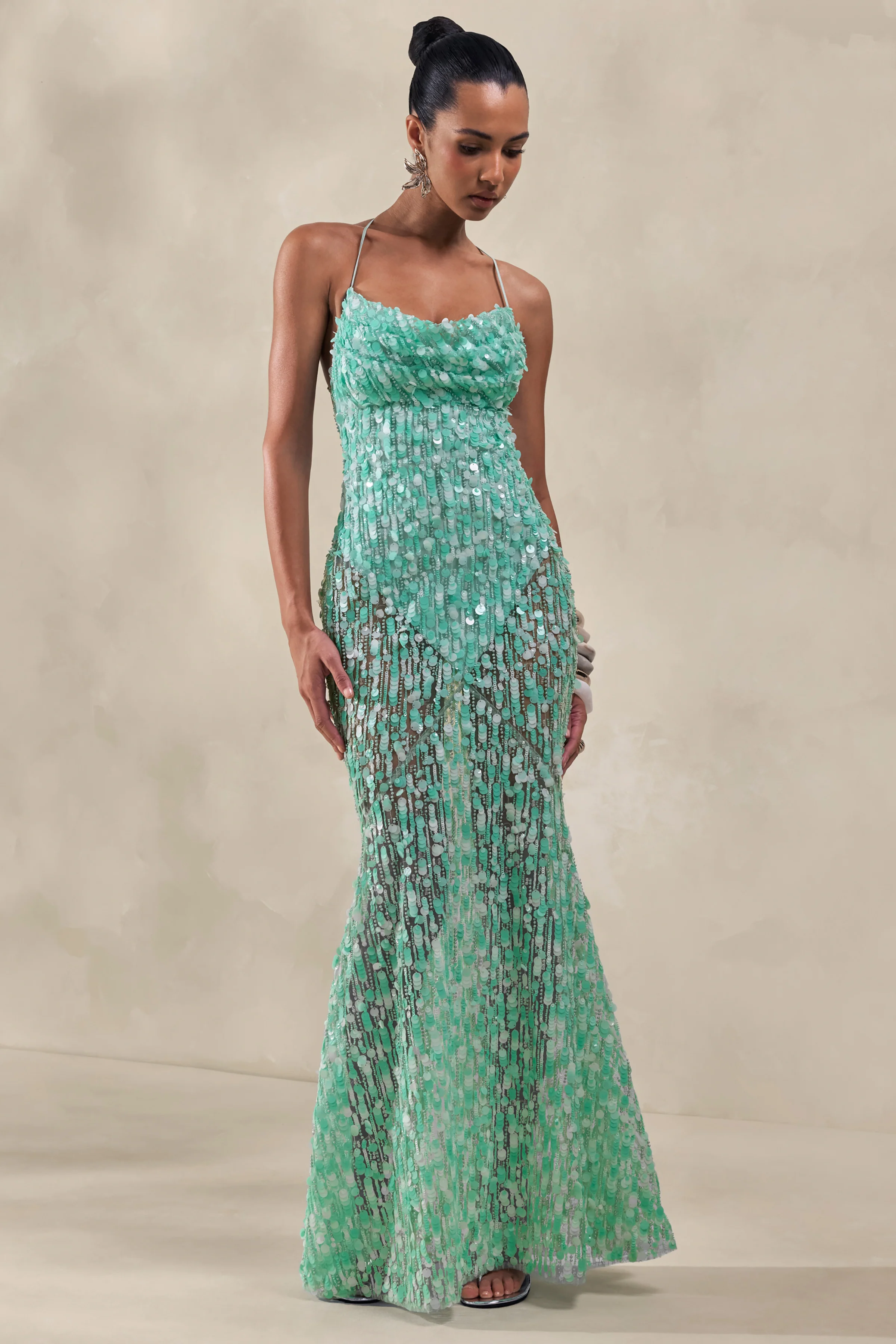 Taryn | Turquoise Sequin Cowl Neck Mermaid Maxi Dress With Low Back