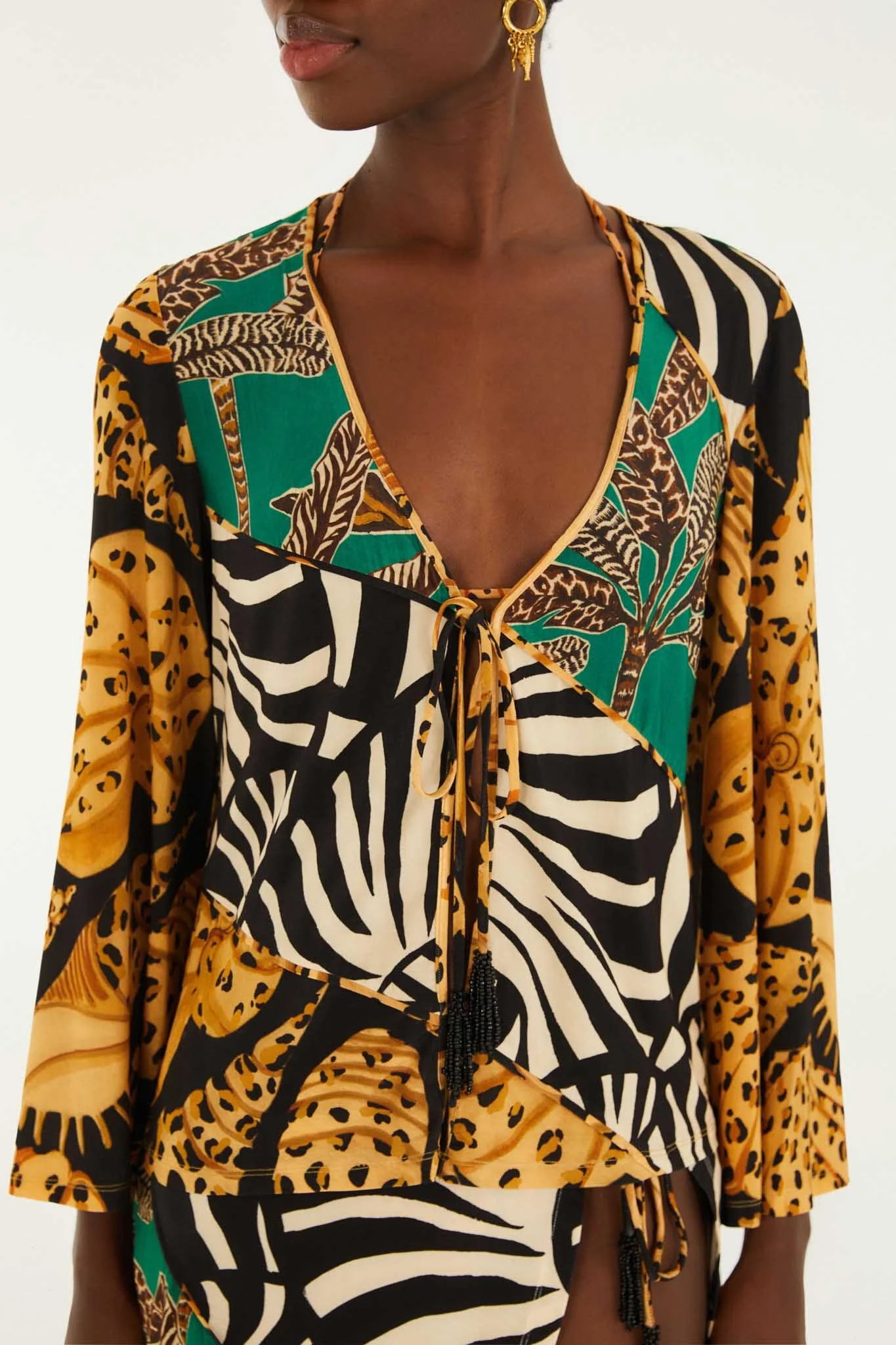 Mixed Patchwork Front Beaded Ties Blouse