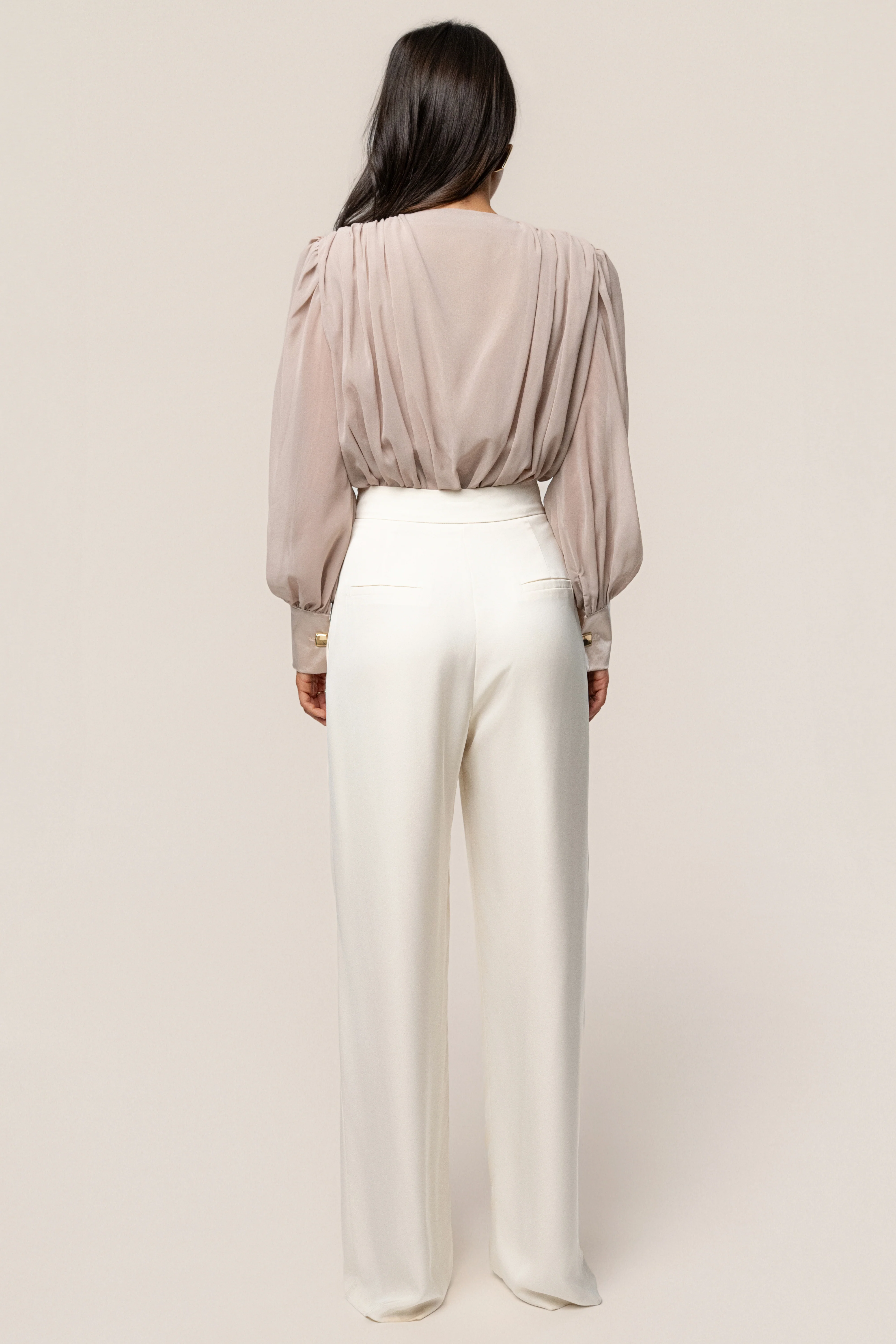 Beige Refined Pleated Chiffon Top