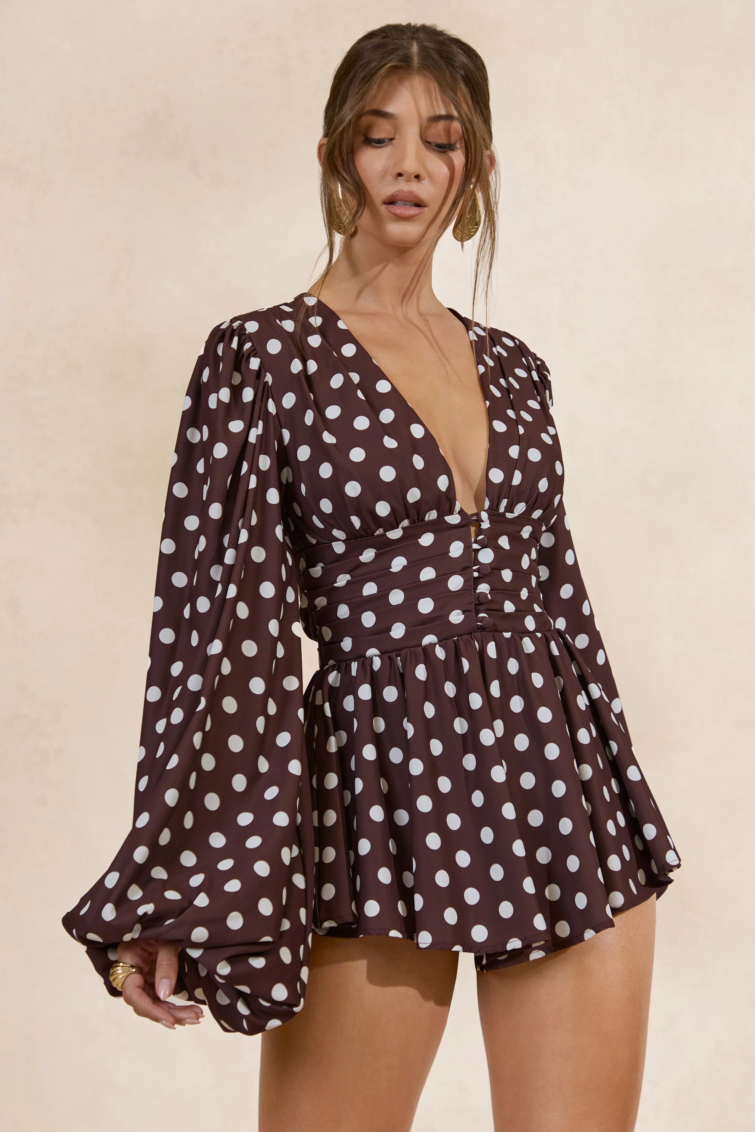 Laurel | Dark Brown Polka Dot V-Neck Balloon Sleeve Romper