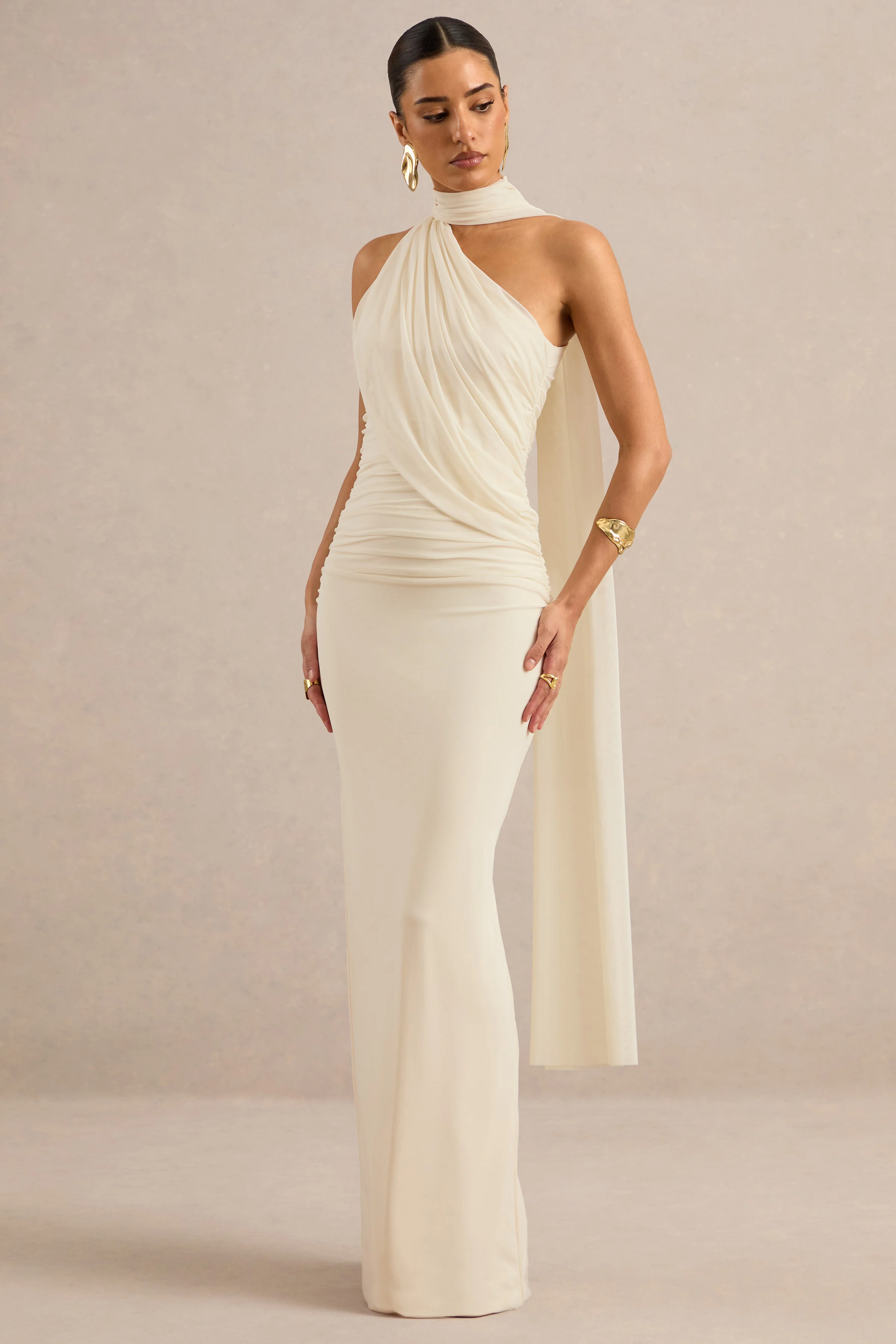 Gelsey | Cream Mesh High Neck Ruched Maxi Dress With Scarf Detail