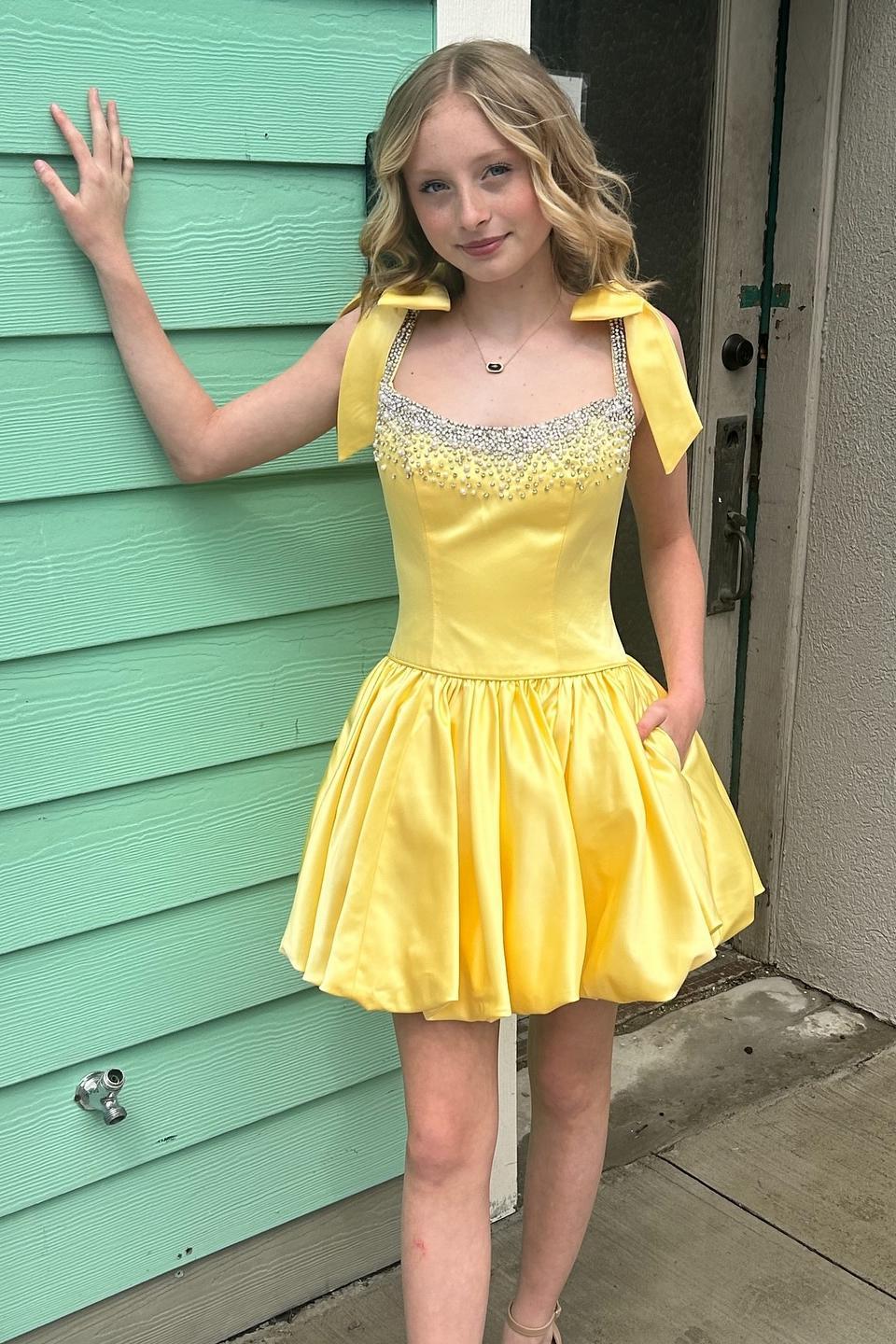 Straps Blue Beaded Bubble Short Dress with Bow