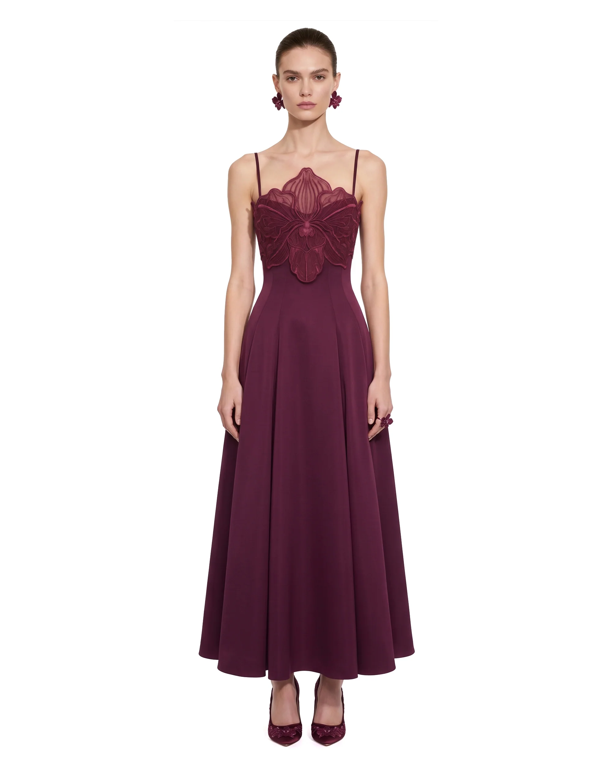 3D Floral Strappy A-Line Maxi Dress - Burgundy