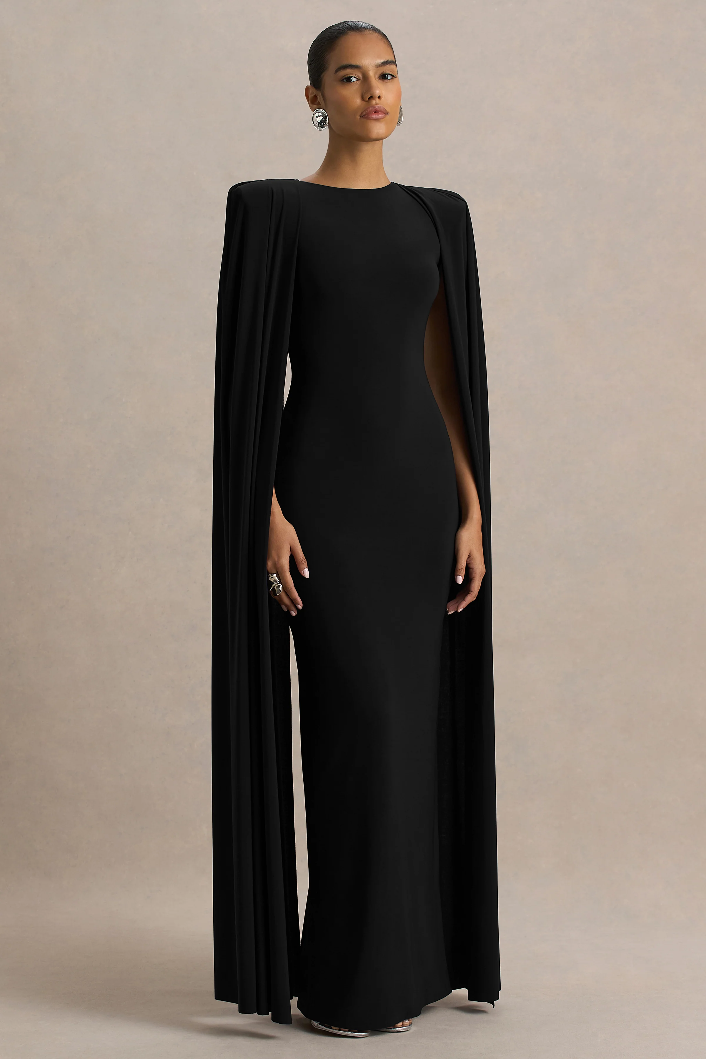 Mimi | Black Jersey Round Neck Long Sleeve Maxi Dress With Cape
