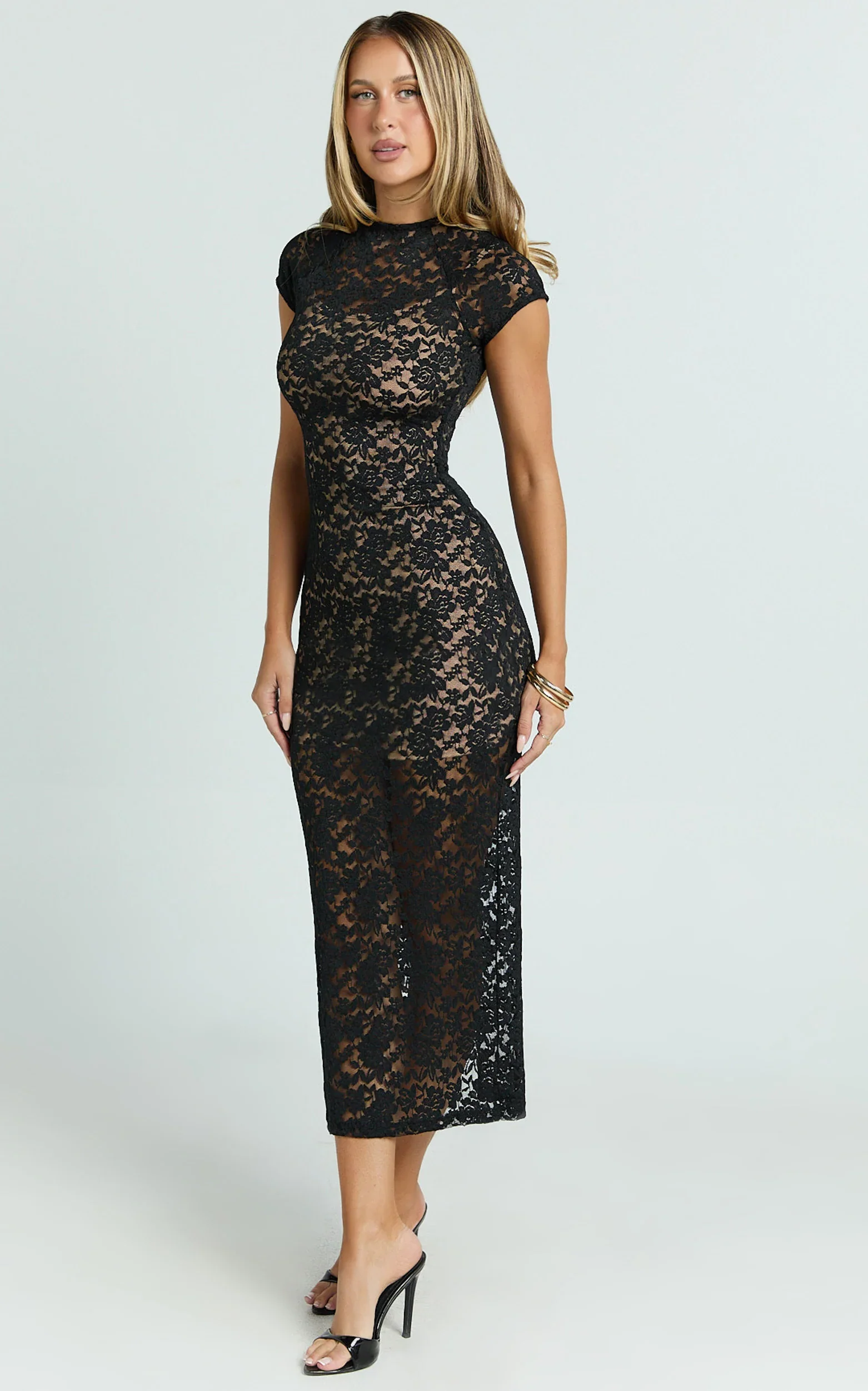 Emma Midi Dress - Lace Cap Sleeve Bodycon Dress in Black