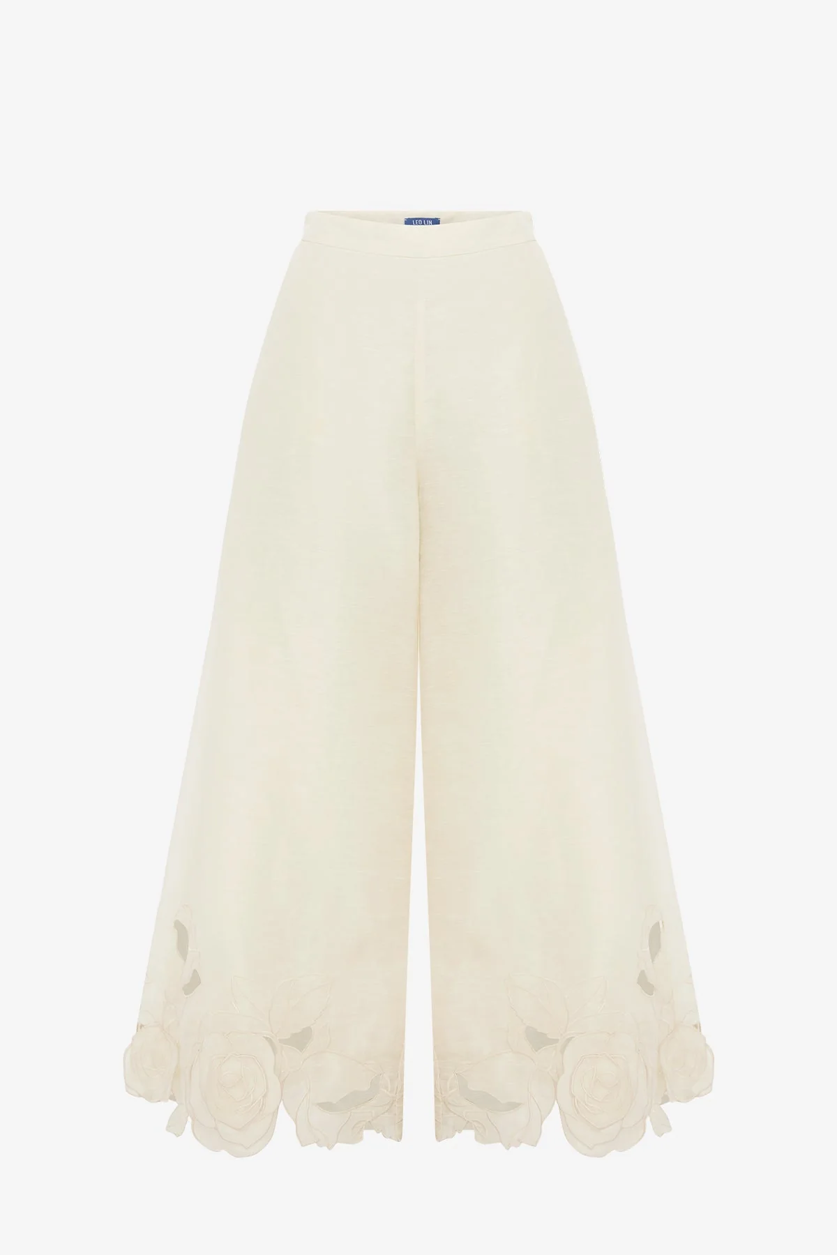 Theodora Linen Appliqué Pants - Vanilla