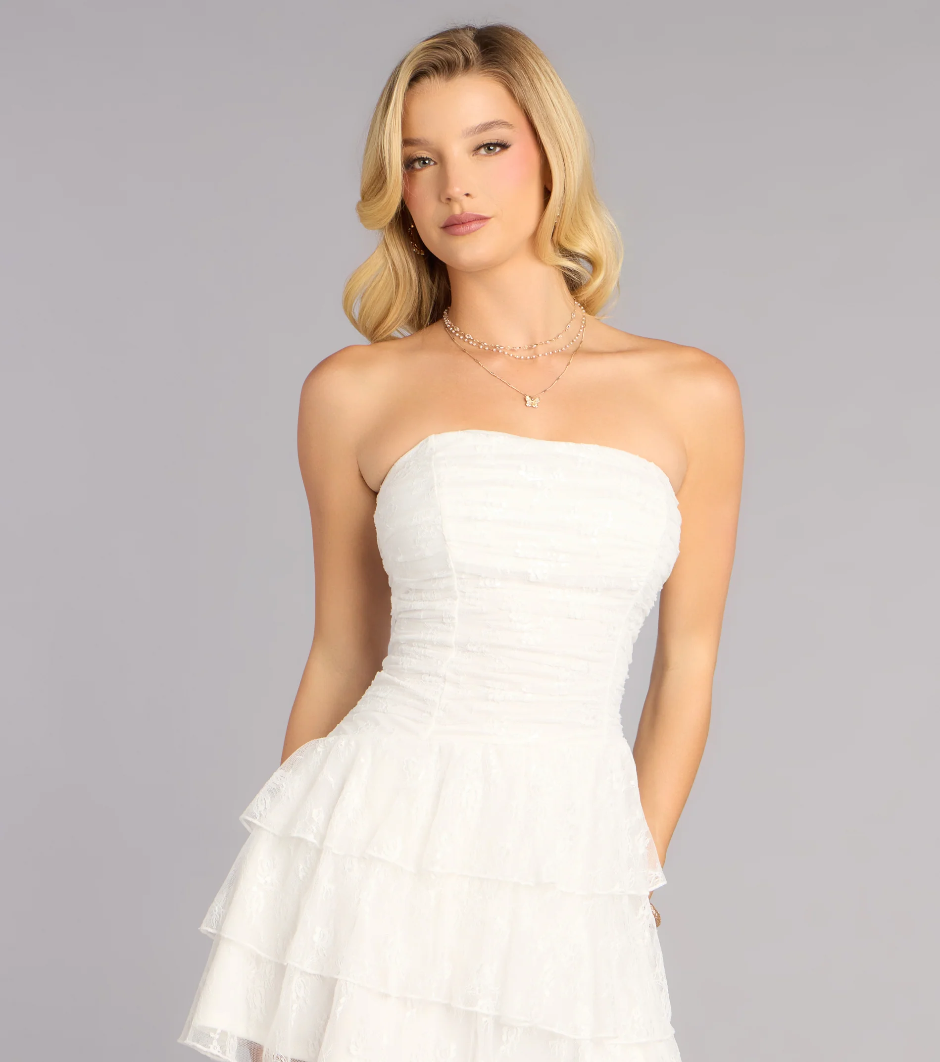 Lovely Nights Strapless Lace Ruffle Skater Dress