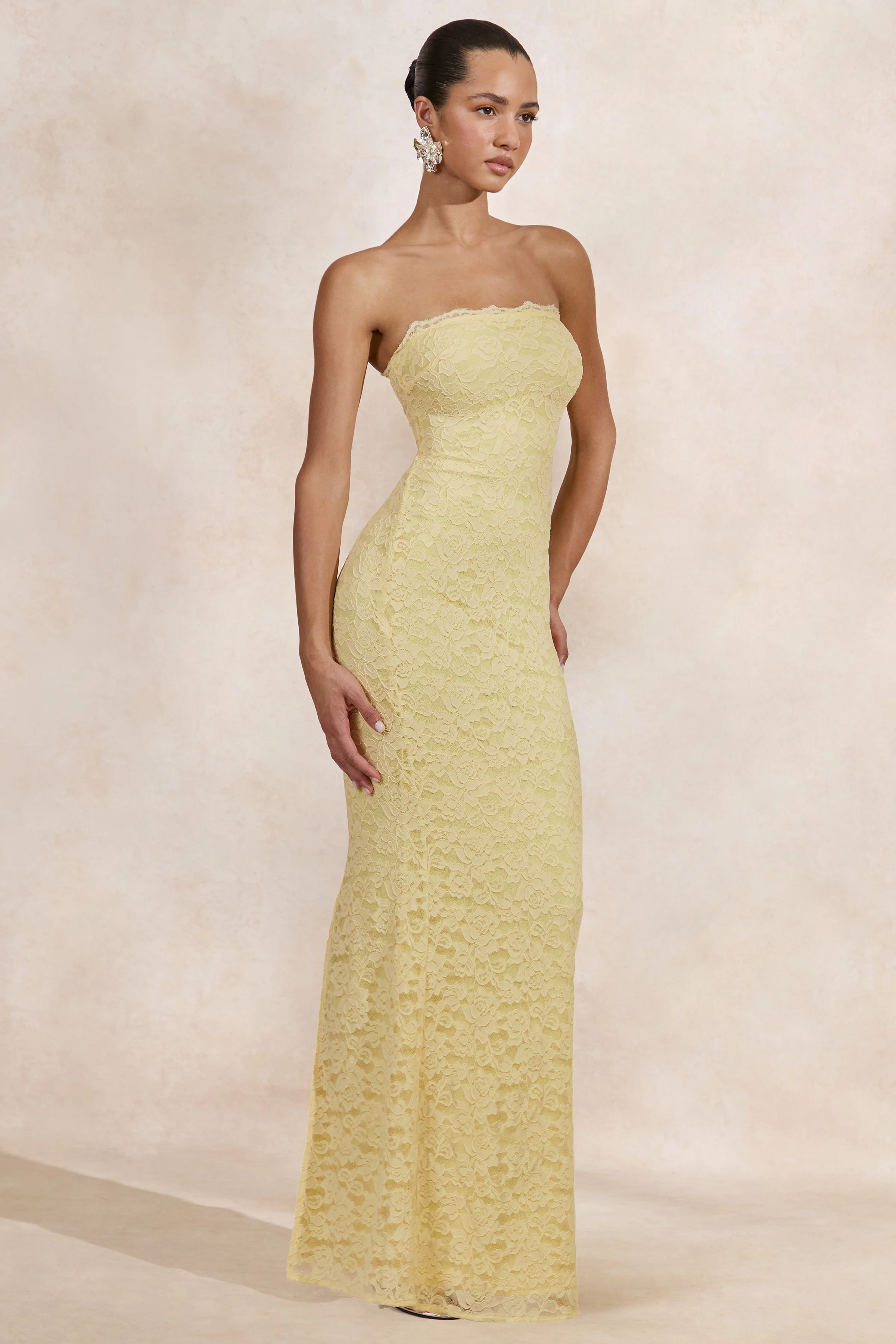 Massima | Lemon Lace Bandeau Maxi Dress With Scarf Detail And Back Split