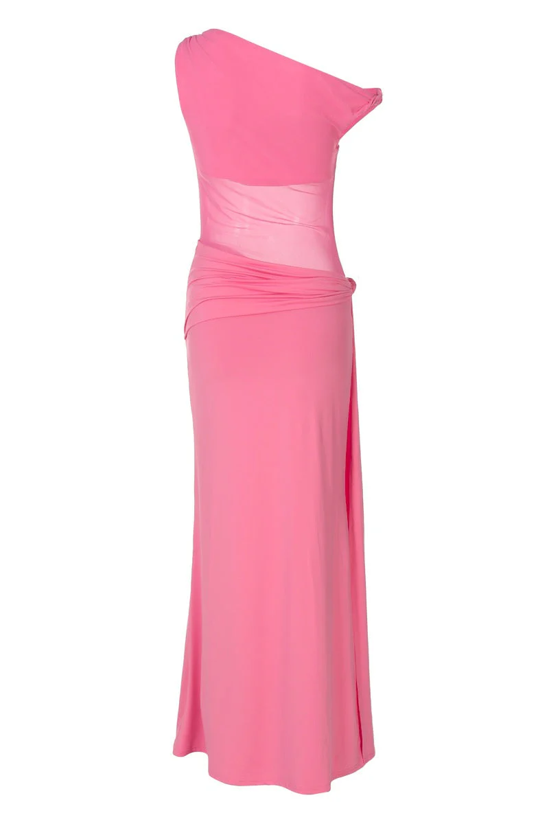 One Shoulder Hot Pink Sheer Long Dress