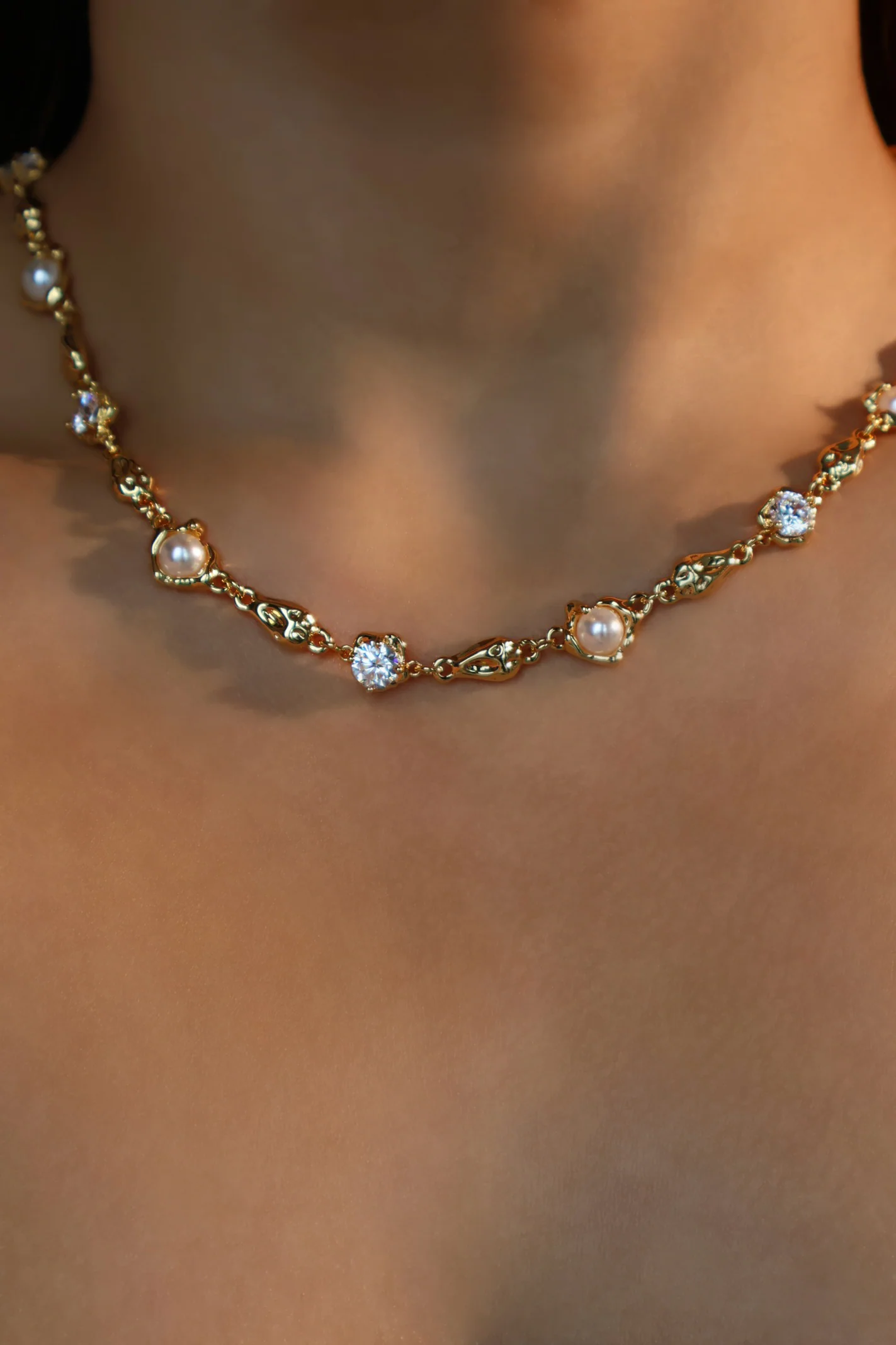 18K Real Gold Plated Multi Diamond Pearl Necklace