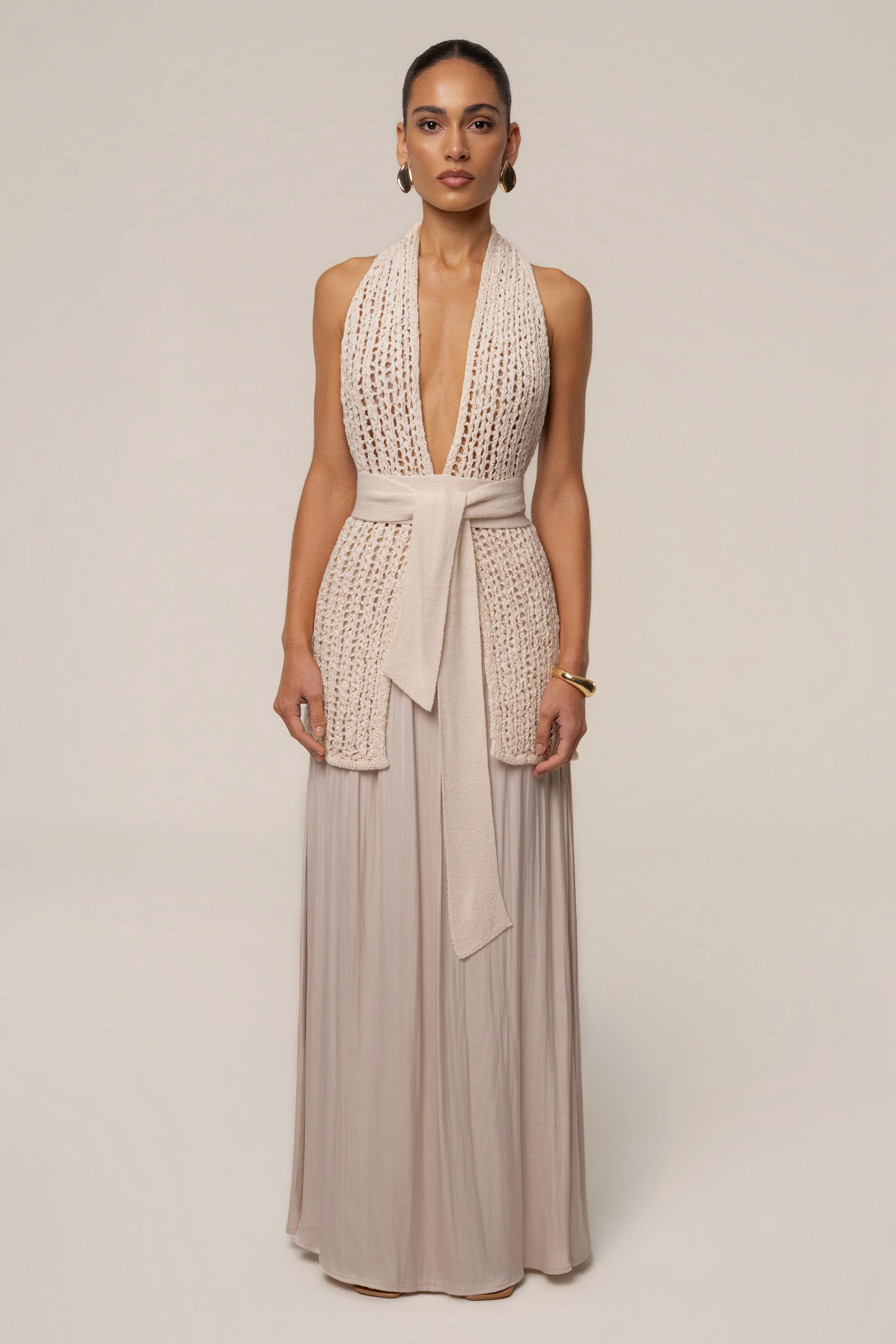 Beige River Satin Maxi Skirt