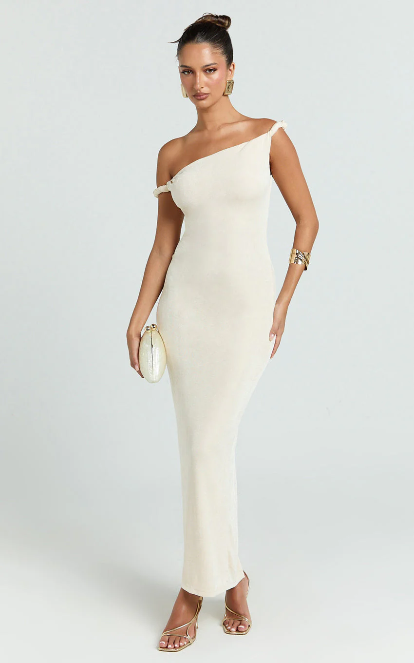 Isabel Midi Dress - Twist Off Shoulder Bodycon Dress in Cream