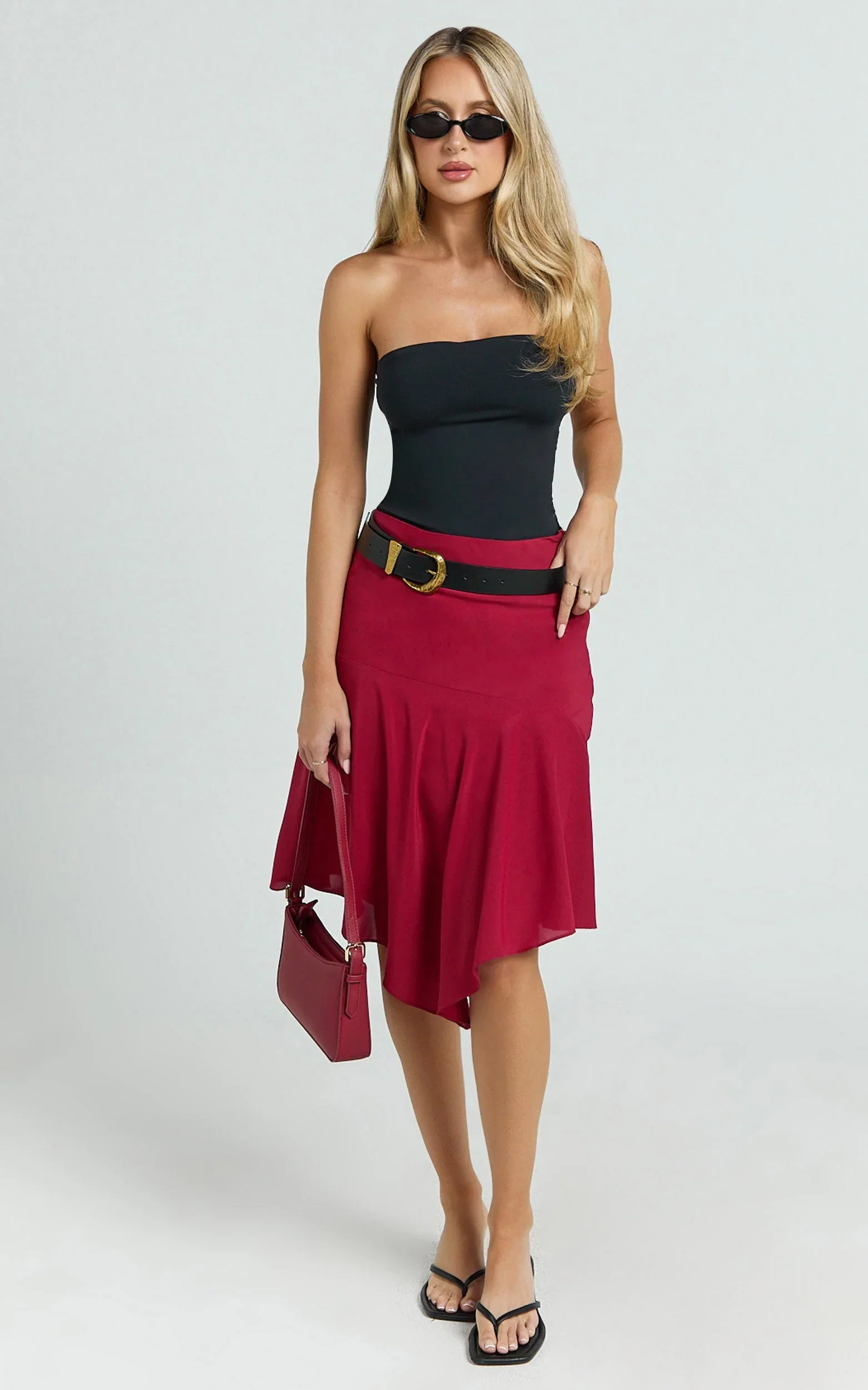 Clare Midi Skirt - Mid Waisted Asymmetric Bias Cut Slip Skirt in Cherry Red