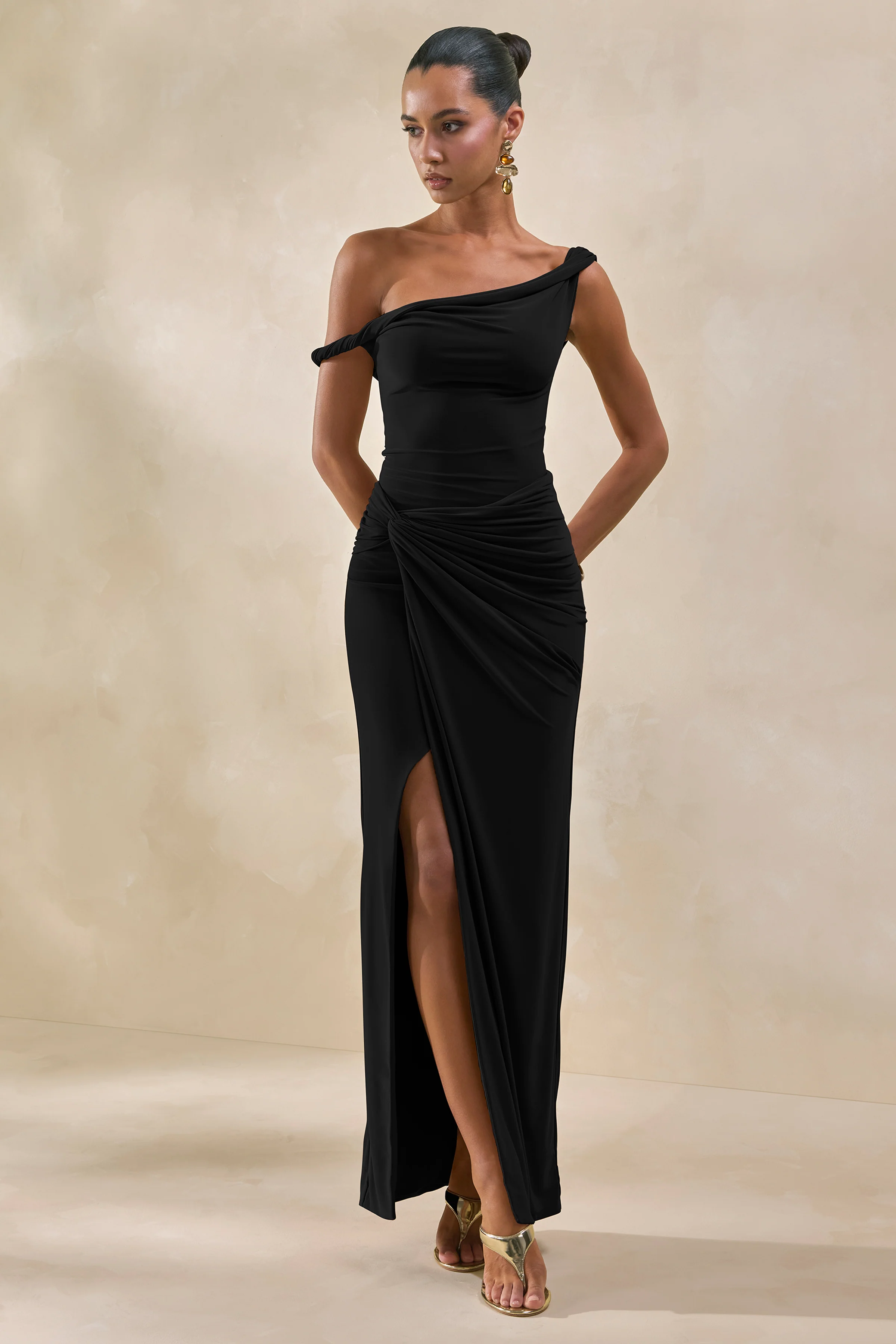 Idris | Black Twisted Waist Maxi Skirt With Front Split