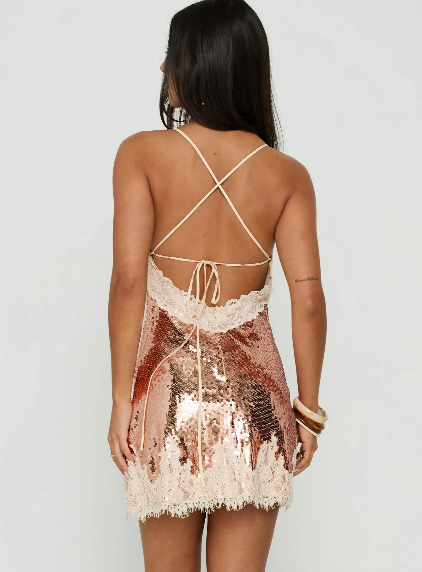 Call My Lover Lace Slip Mini Dress Gold Sequin
