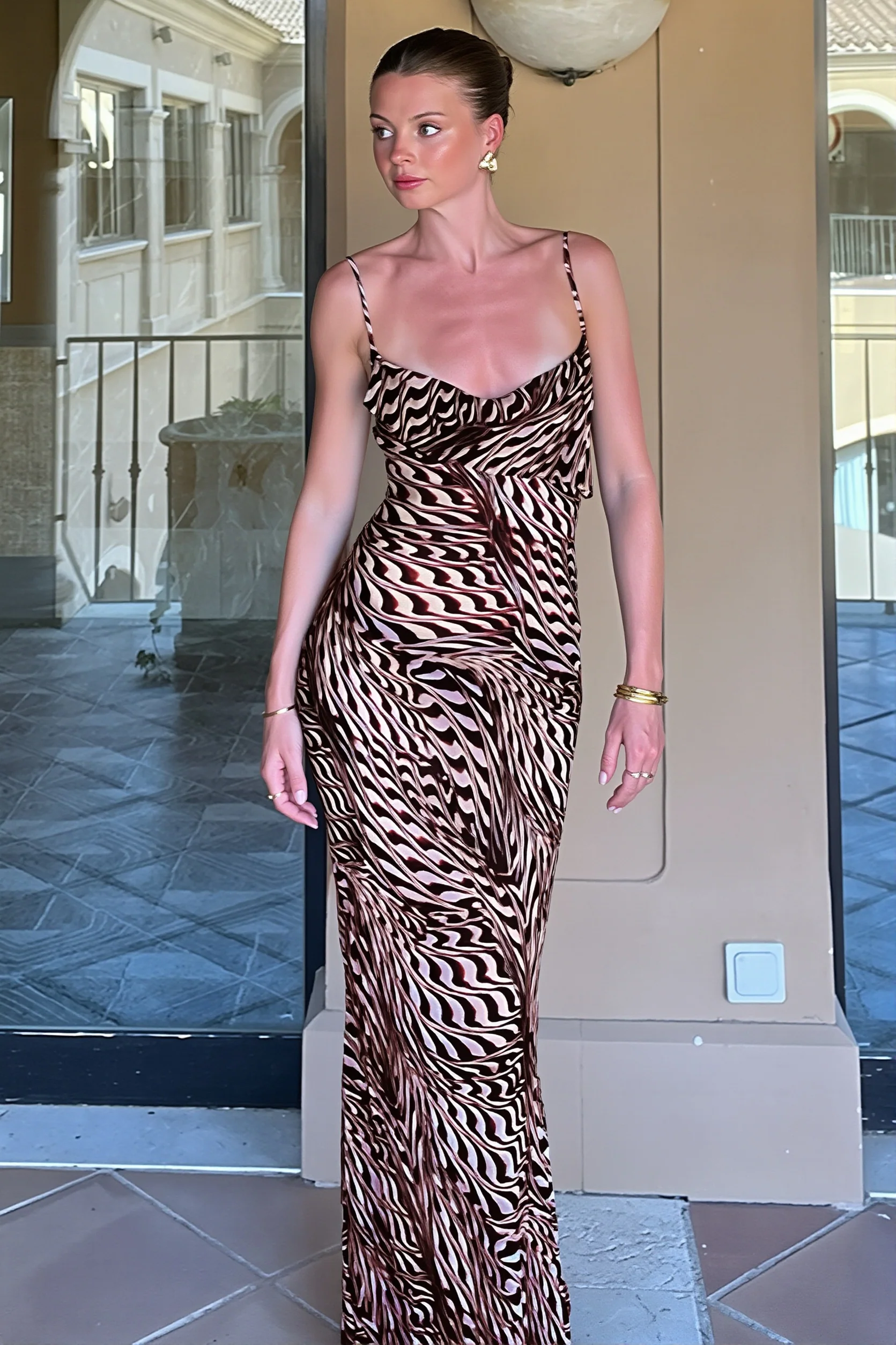 Sheer Mesh Cowl Neck Slip Strap Maxi Dress