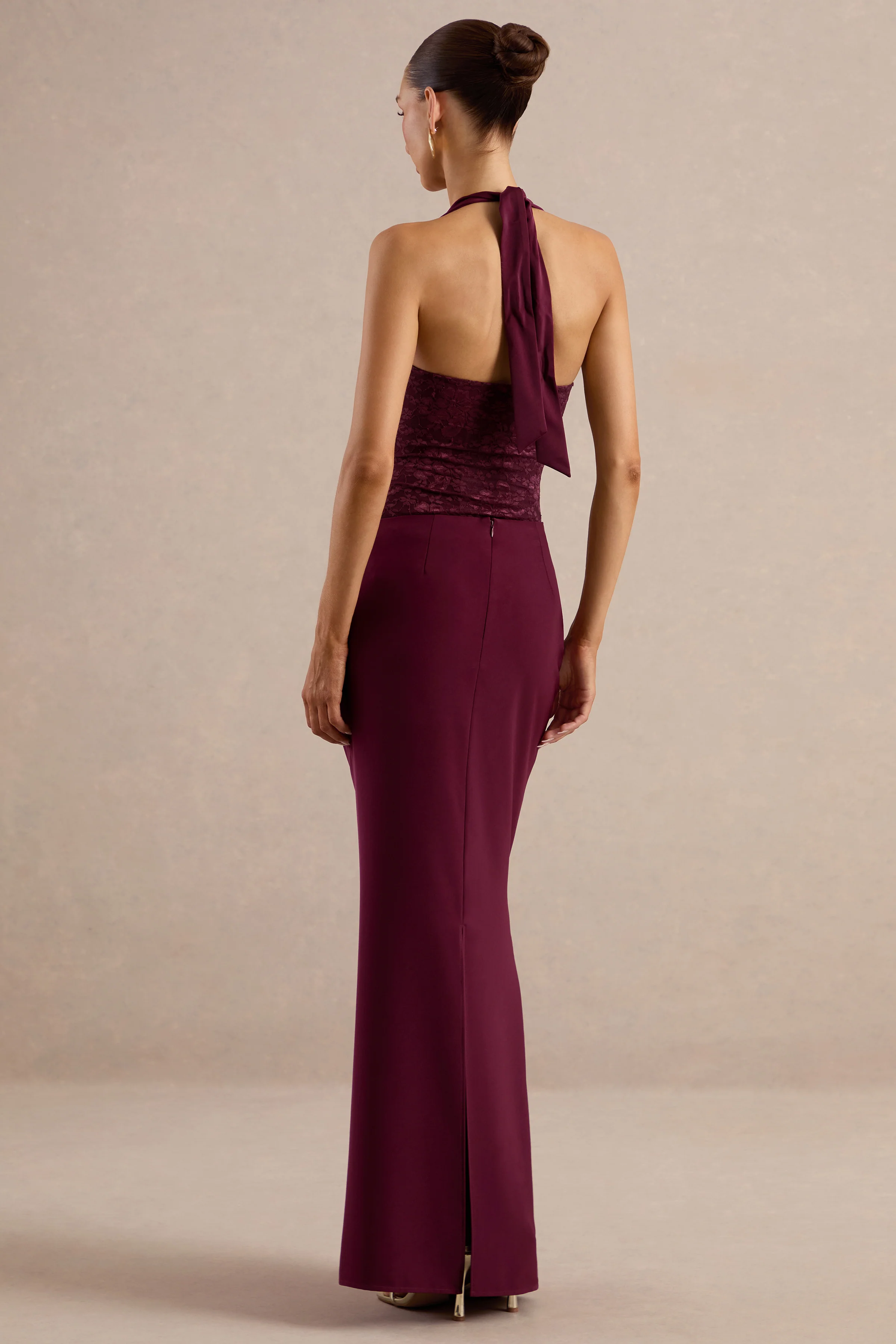 Sylisse | Burgundy Satin Mid Rise Maxi Skirt With Draped Detailing And Back Split