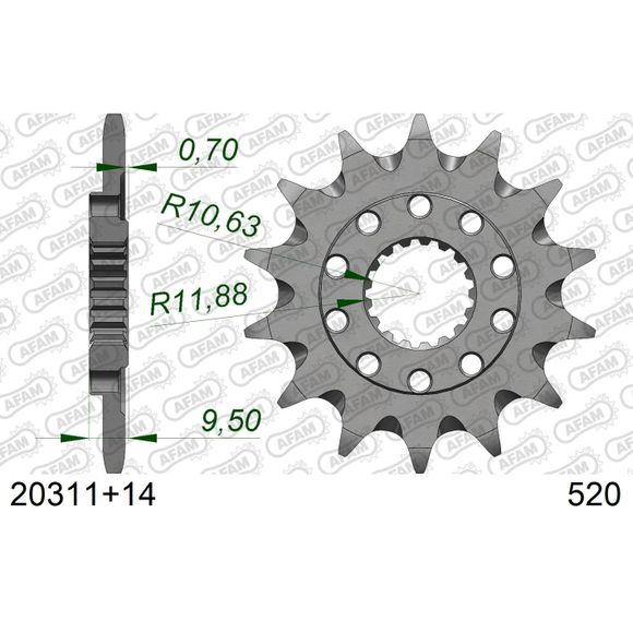 Gearbox output pinion AFAM STEEL 520 ANTI MUD 14 TEETH - GrayRef: AA0063 / 20311+14