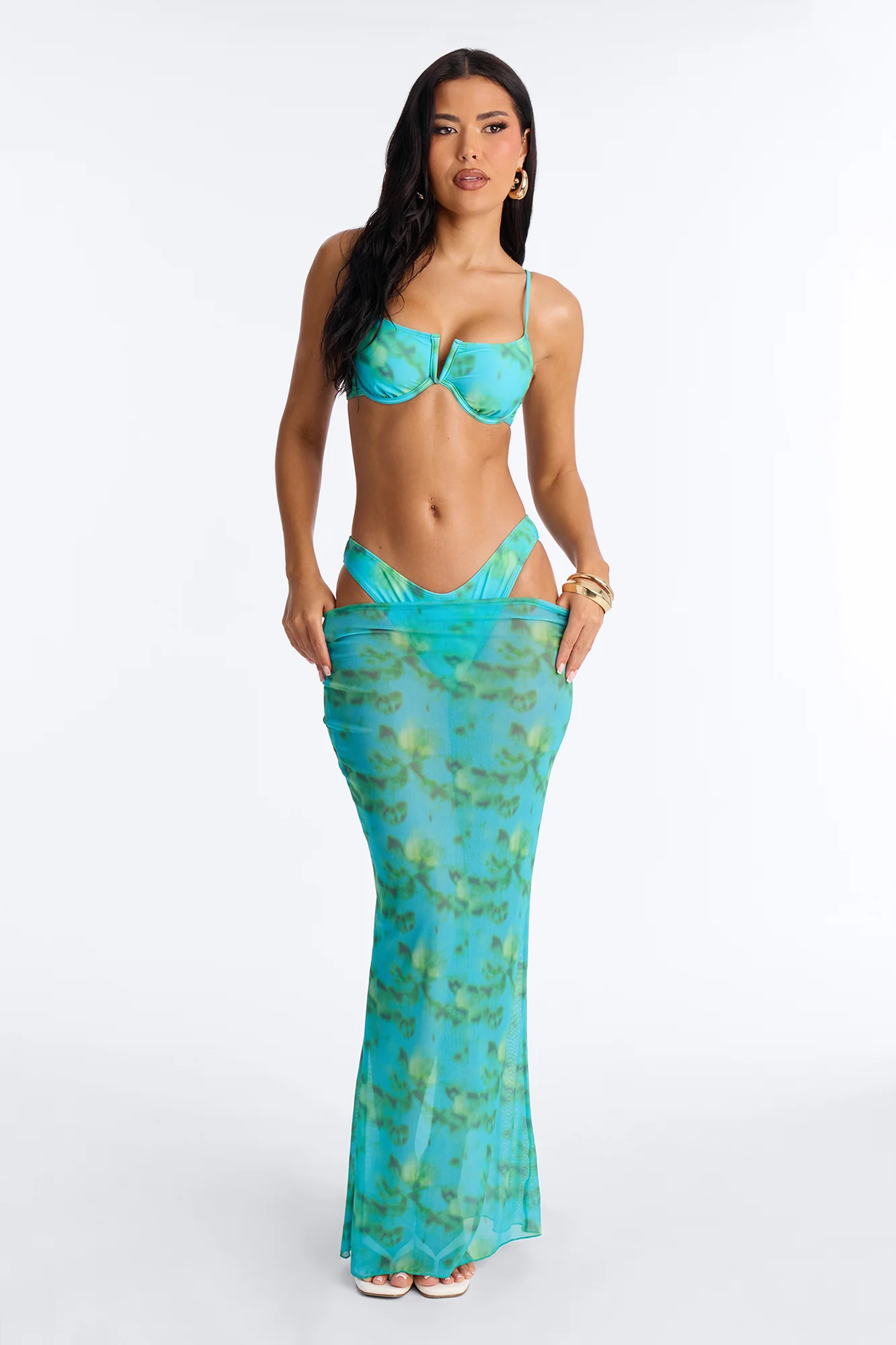 Julie Abstract Underwire 3 Piece Bikini Skirt Set - Turquoise