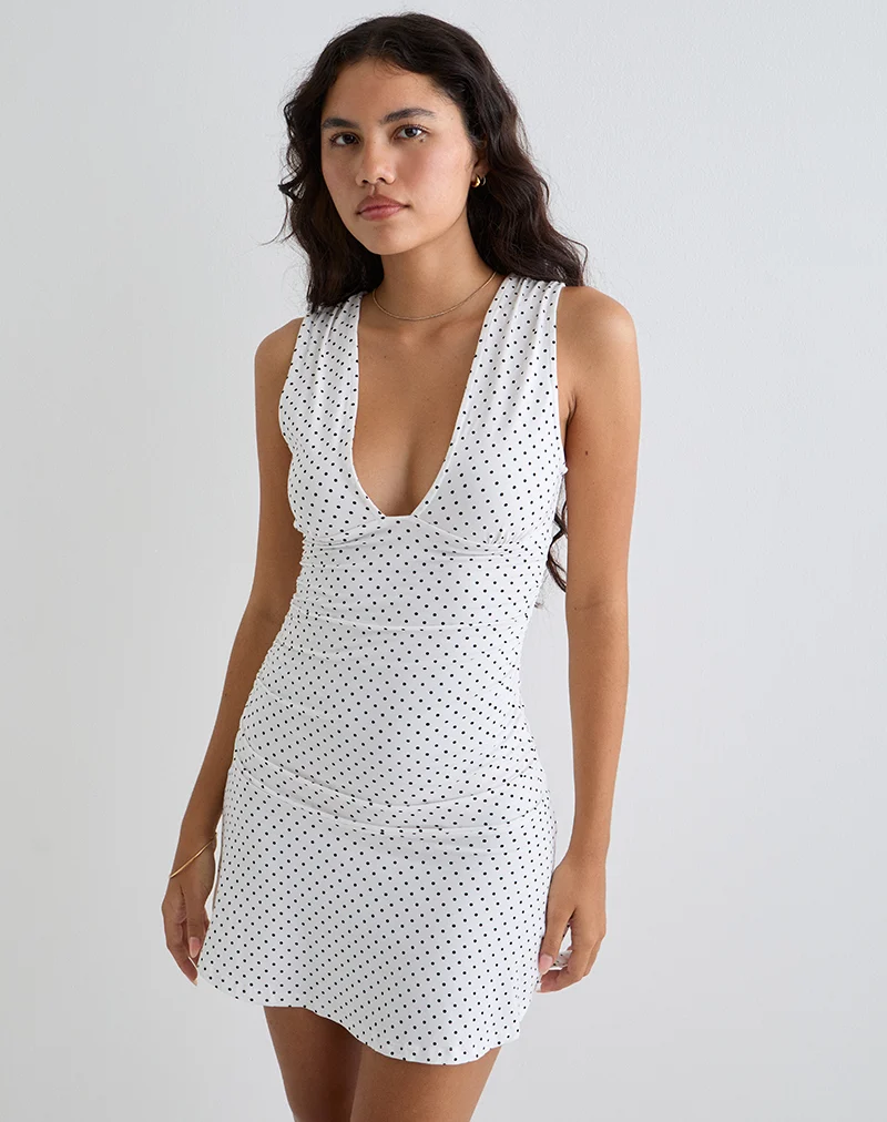 Luscian Plunge Mini Dress in White with Micro Polka Black