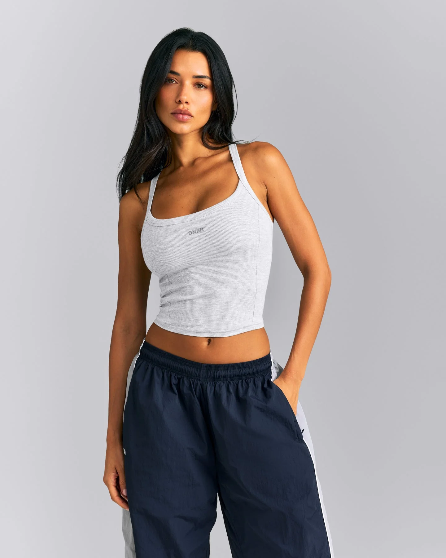 Mellow™ Rib Racer Back Mid Vest with Built in Bra Shelf | Light Grey Marl